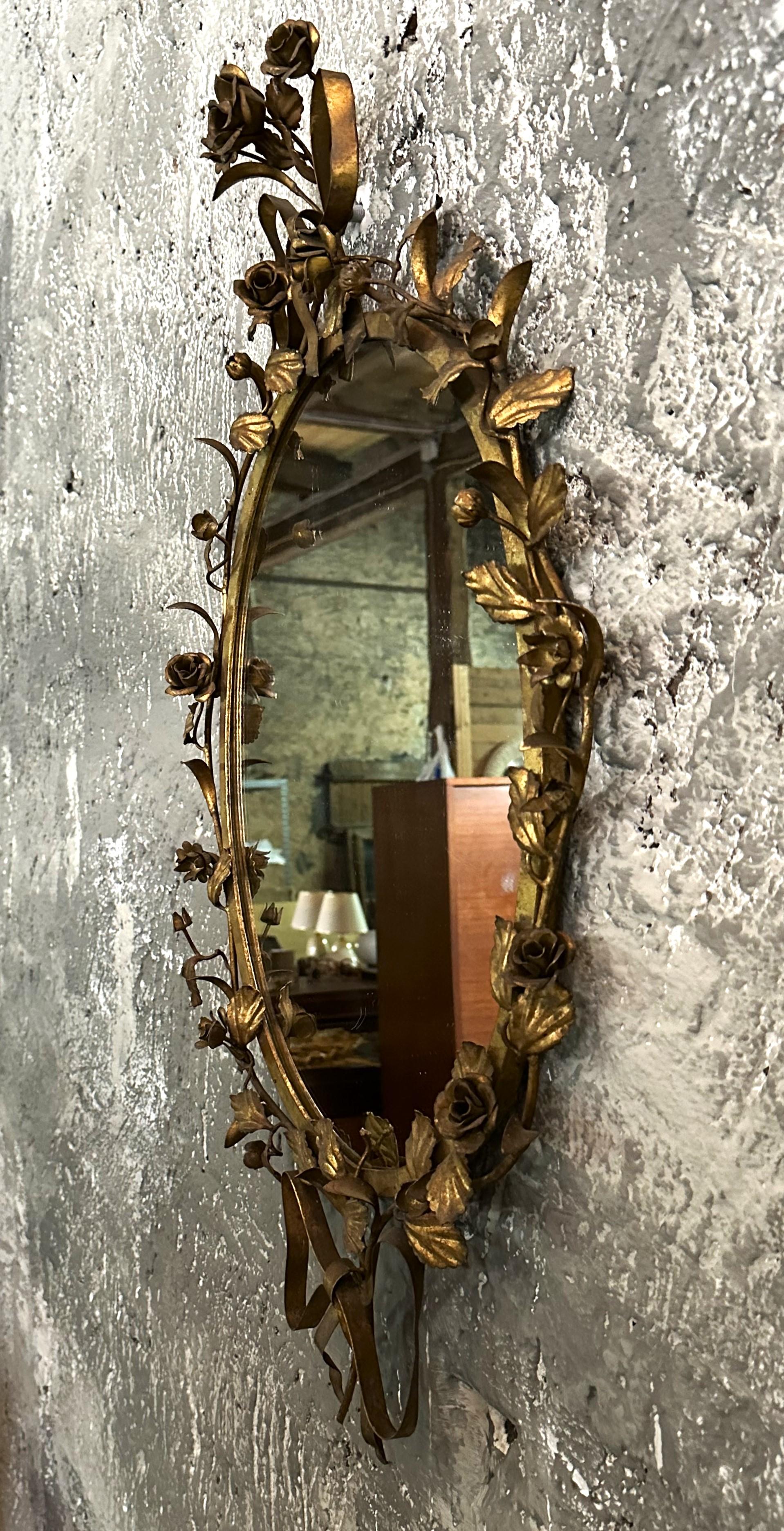 Mid-Century Floral Gilt Iron Wall Mirror, Italy 1950s For Sale 9