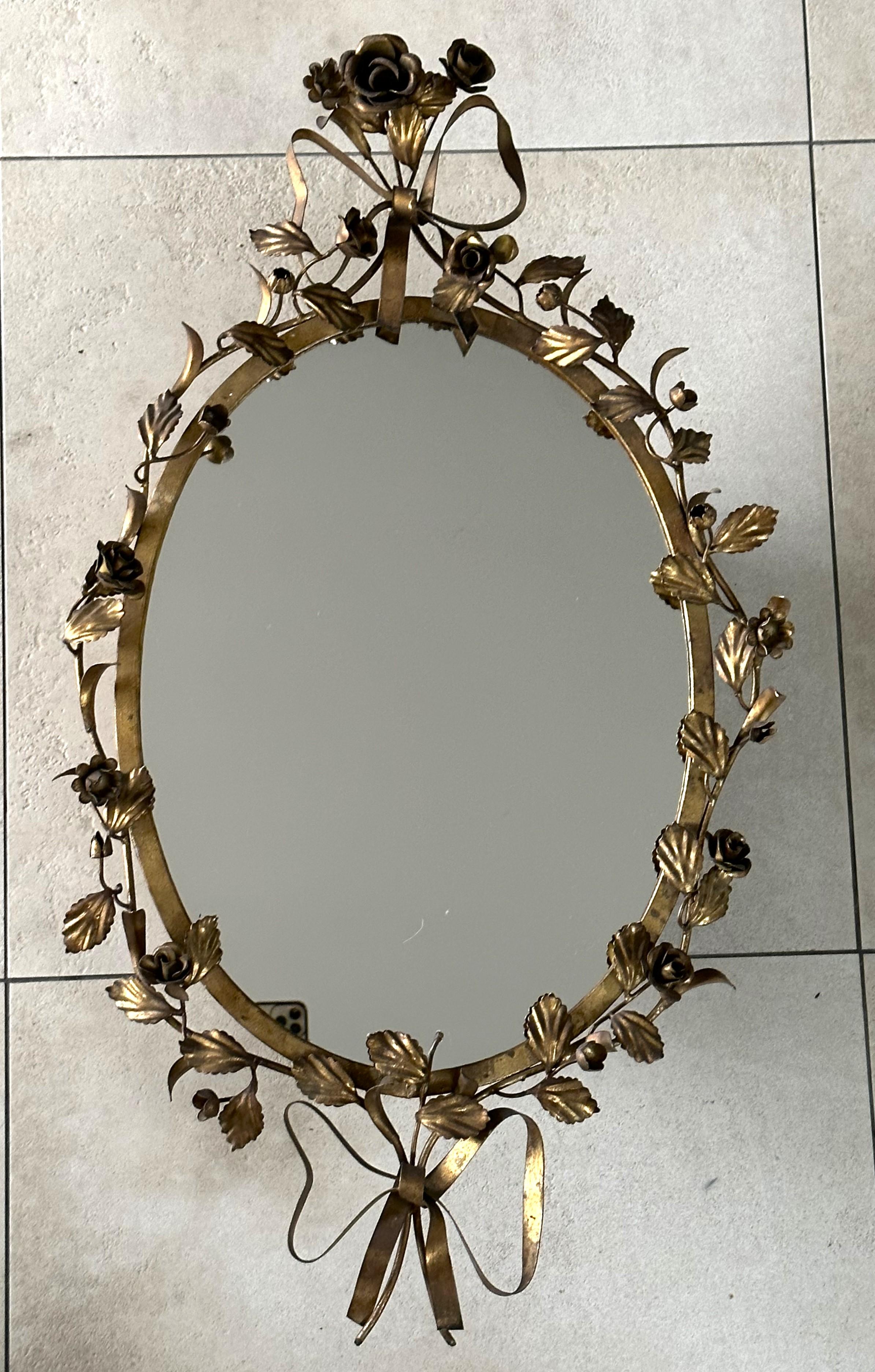 Mid-Century Floral Gilt Iron Wall Mirror, Italy 1950s For Sale 2
