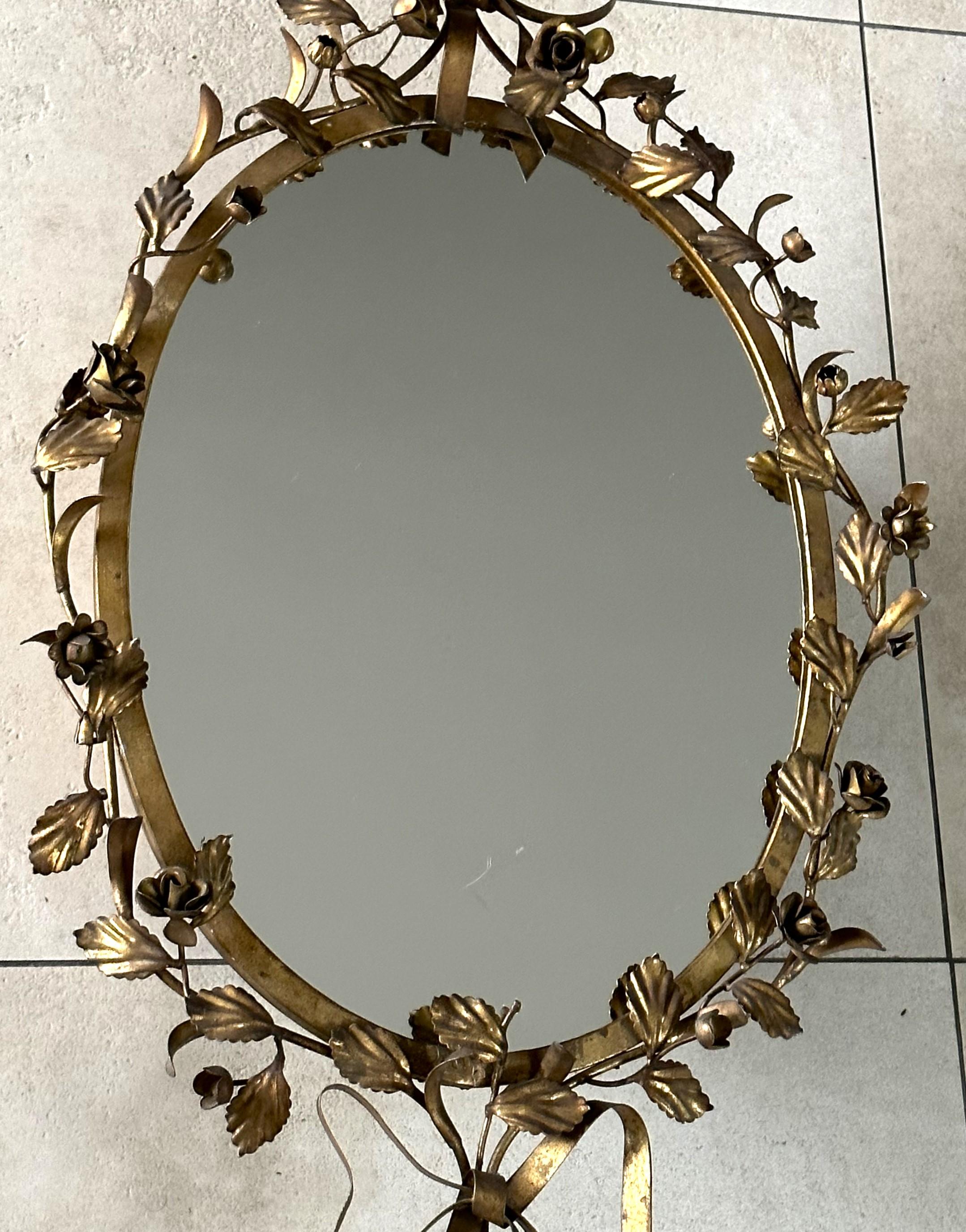 Mid-Century Floral Gilt Iron Wall Mirror, Italy 1950s For Sale 3