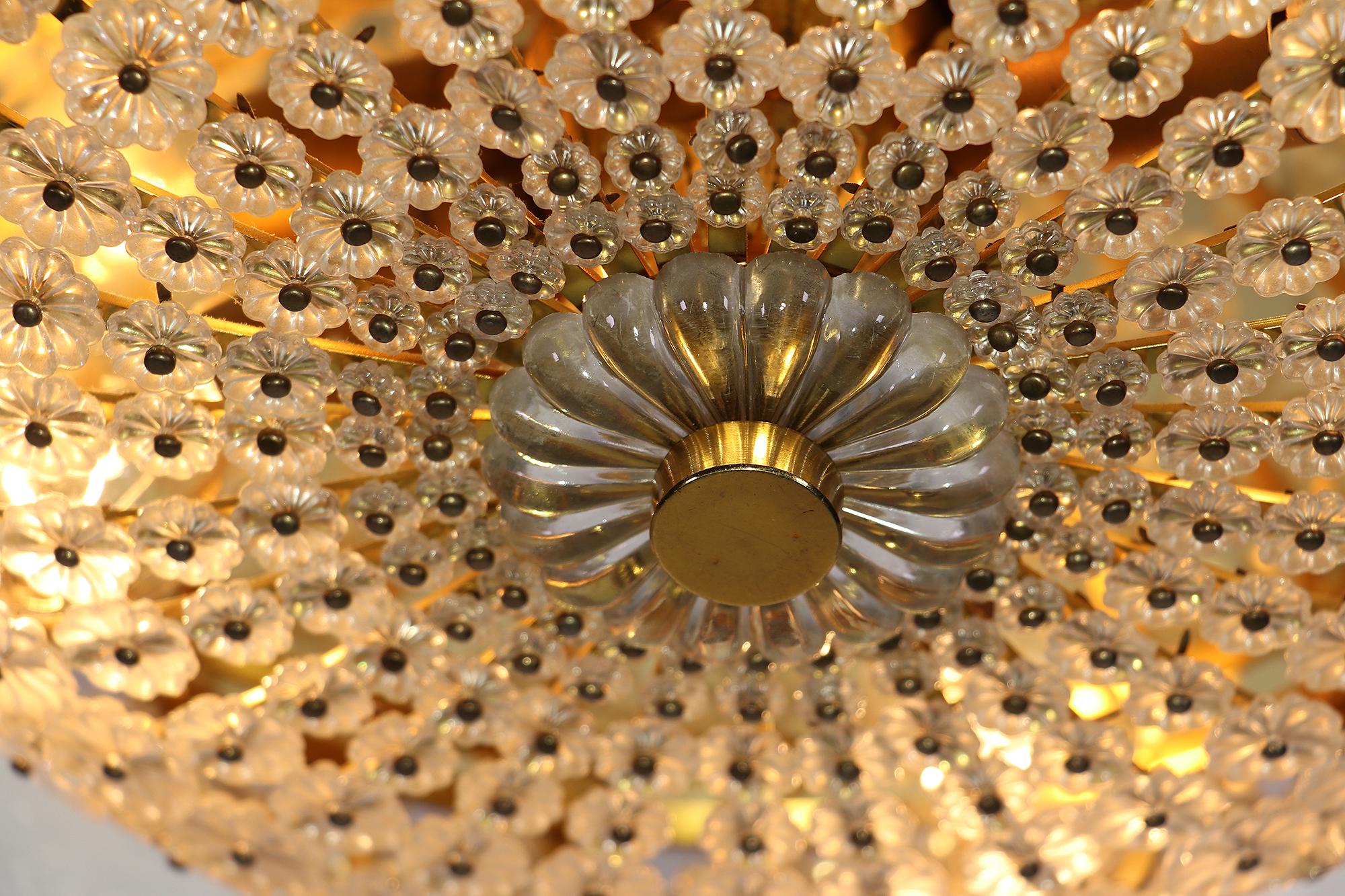 Mid-Century Modern 1950 Germany H. Richter Starburst Flush Mount Ceiling Light Glass & Brass