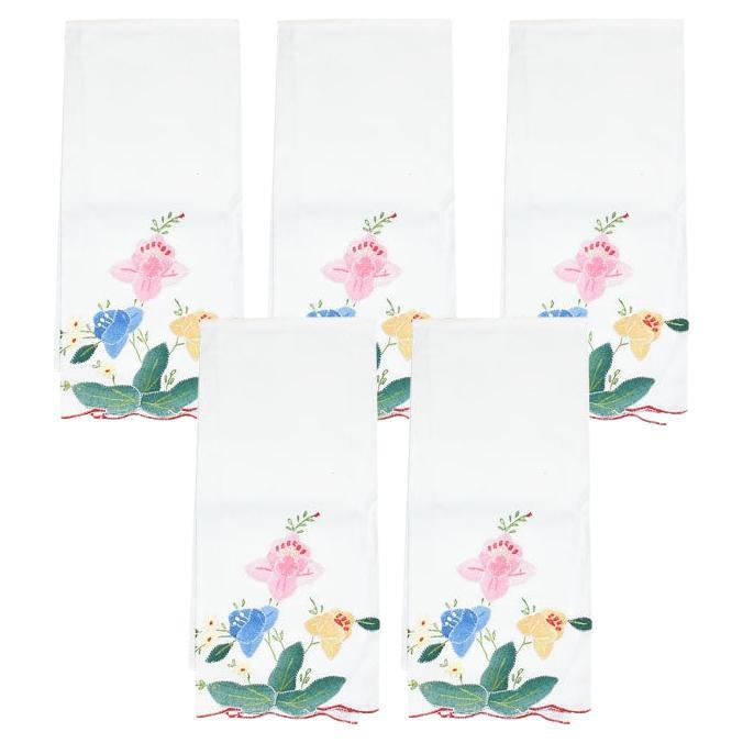 Mid Century Floral Hand Embroidered Fabric Dinner Napkins, Set 5 For Sale