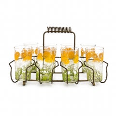 Mid-Century Floral Juice Glass Set with Metal Carrier, 1950s