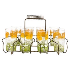 Mid-Century Floral Juice Glass Set with Metal Carrier, 1950s