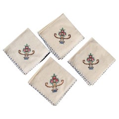 Serviettes de table ou de cocktail en lin à motifs floraux du milieu du siècle, lot de 4