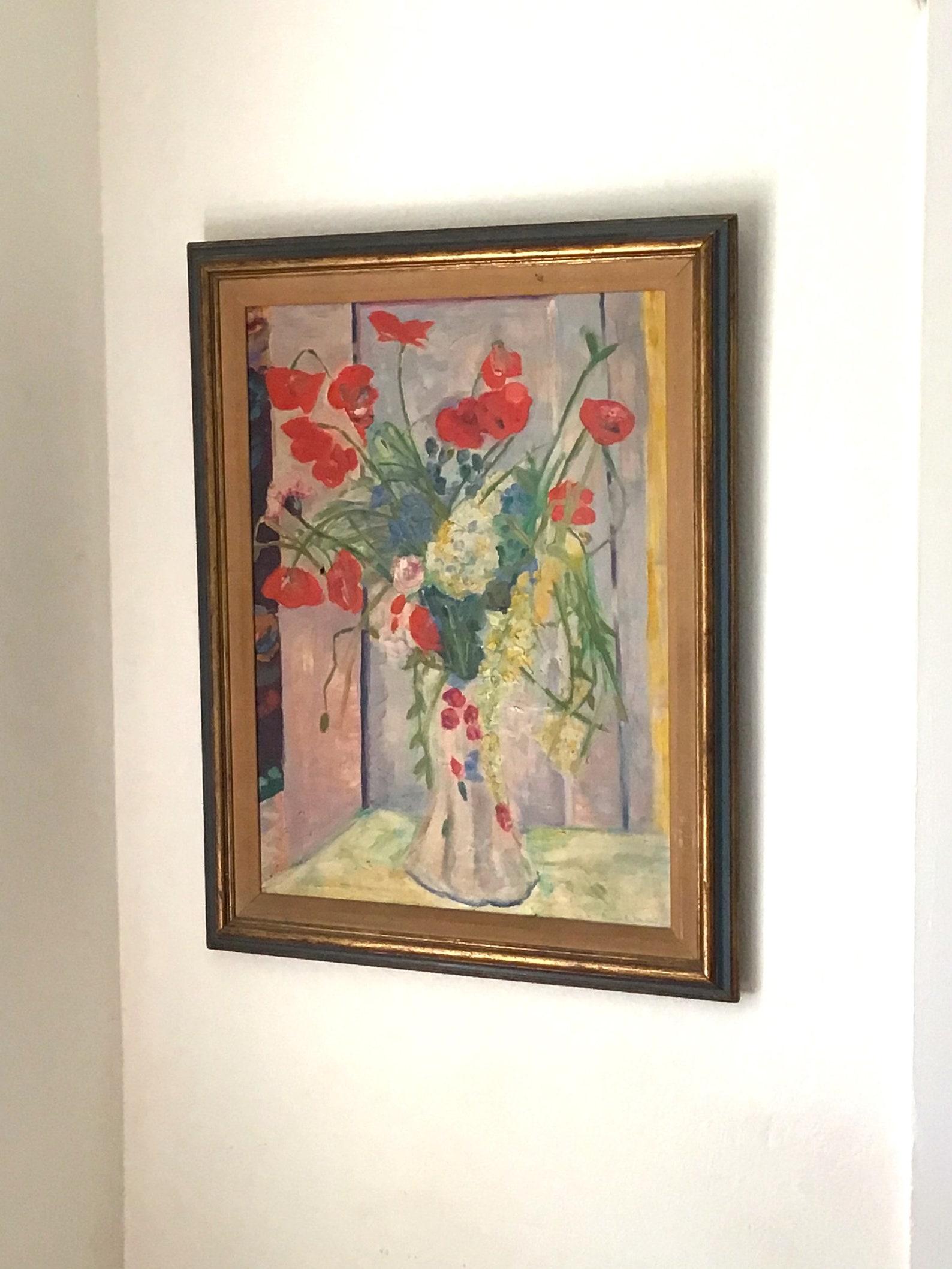 Mid century floral oil painting, still life vintage painting of red poppies in a vase, signed 