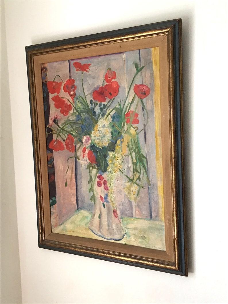 American Floral Oil Painting Impressionist Style Red Poppies Signed Framed 