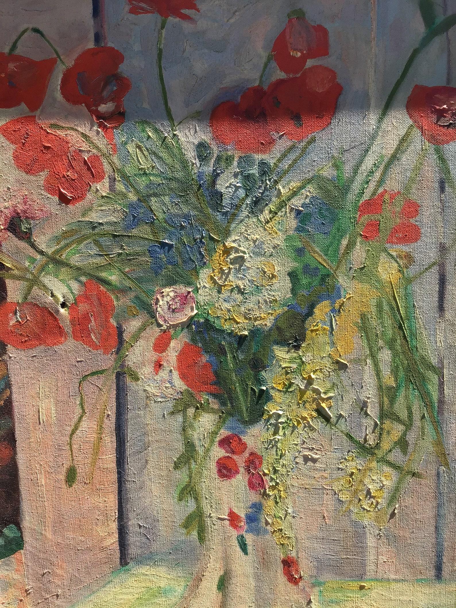 Floral Oil Painting Impressionist Style Red Poppies Signed Framed  In Fair Condition In East Hampton, NY