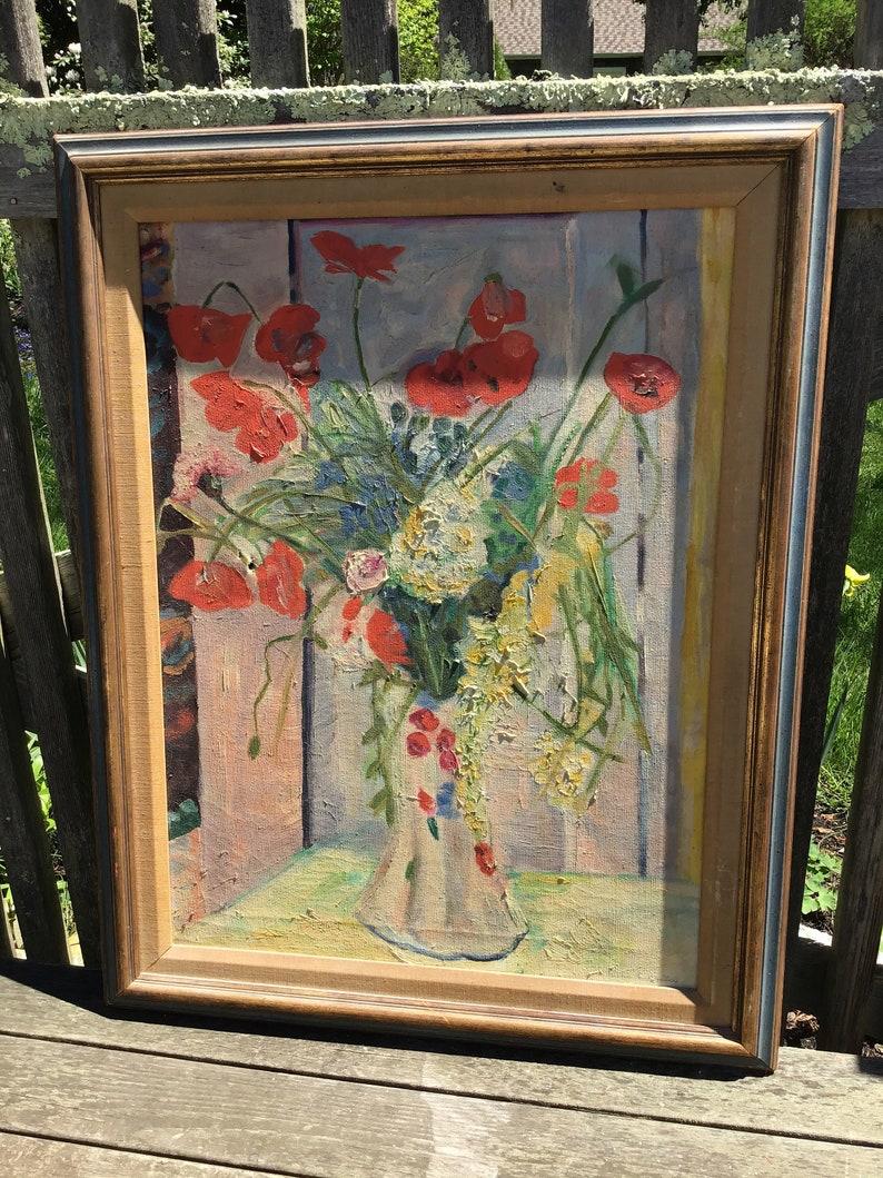 20th Century Floral Oil Painting Impressionist Style Red Poppies Signed Framed 