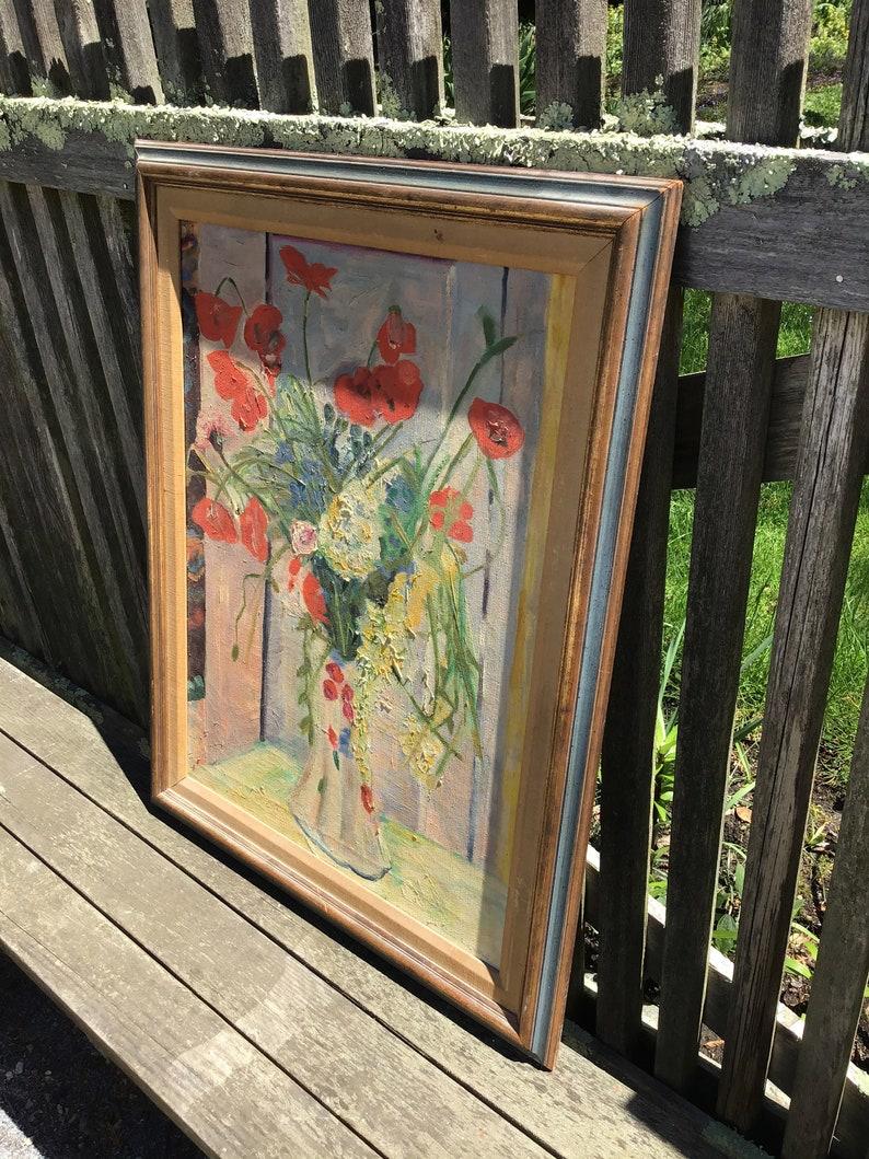 Canvas Floral Oil Painting Impressionist Style Red Poppies Signed Framed 