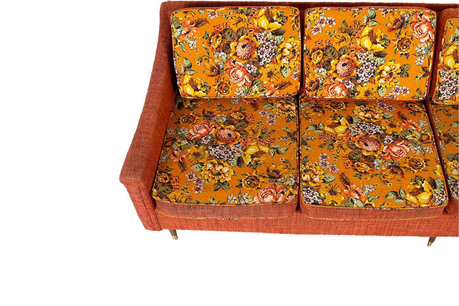 Mid-Century Modern Mid-Century Floral Orange Long Sofa For Sale