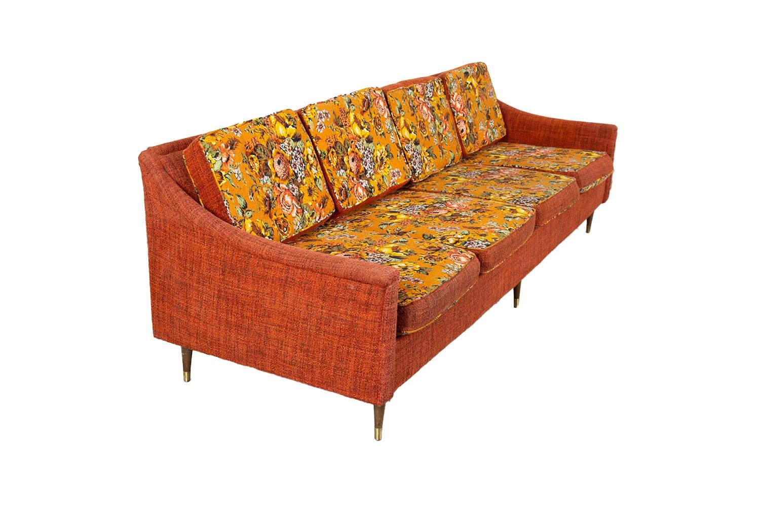 Unknown Mid-Century Floral Orange Long Sofa For Sale