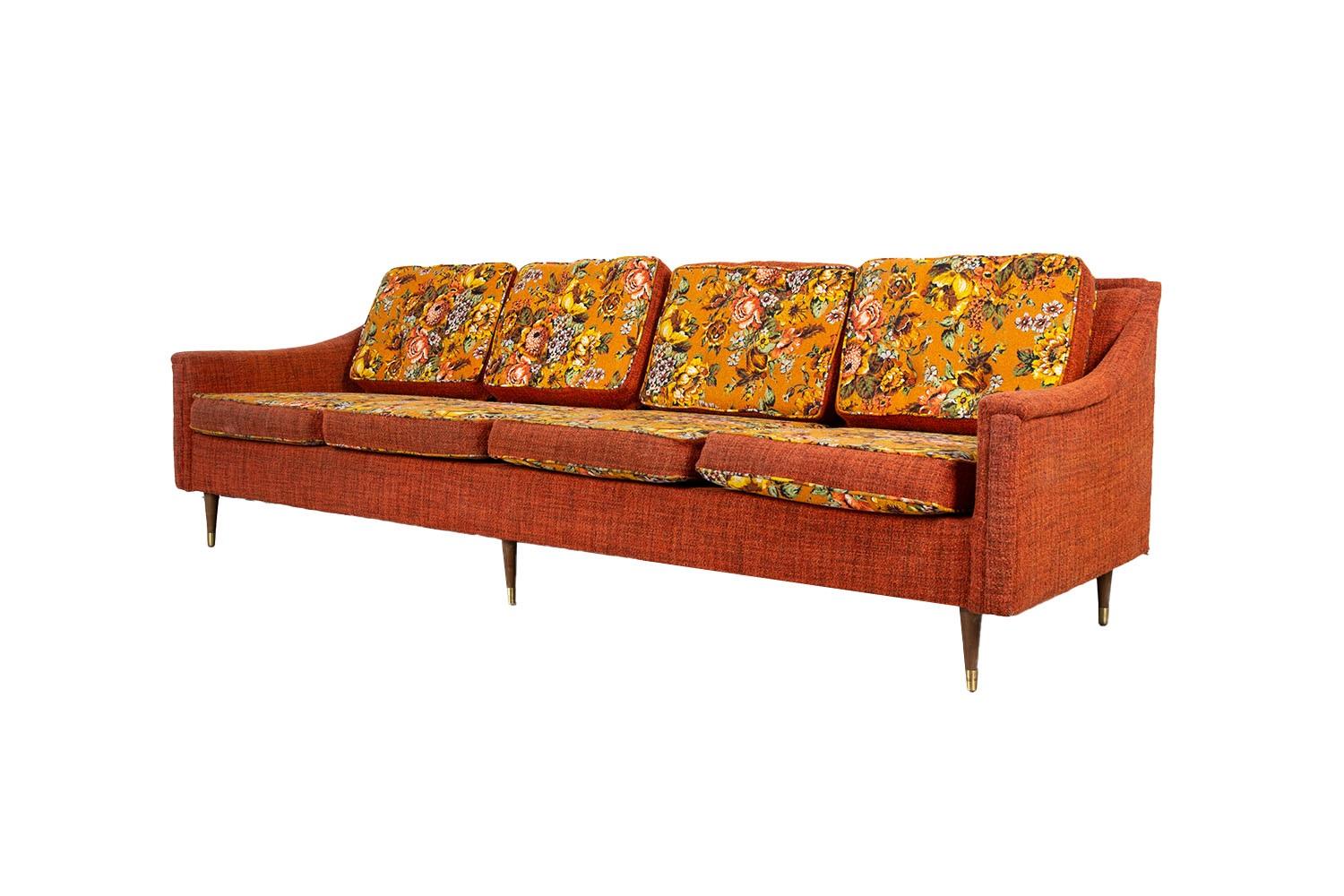 Late 20th Century Mid-Century Floral Orange Long Sofa For Sale
