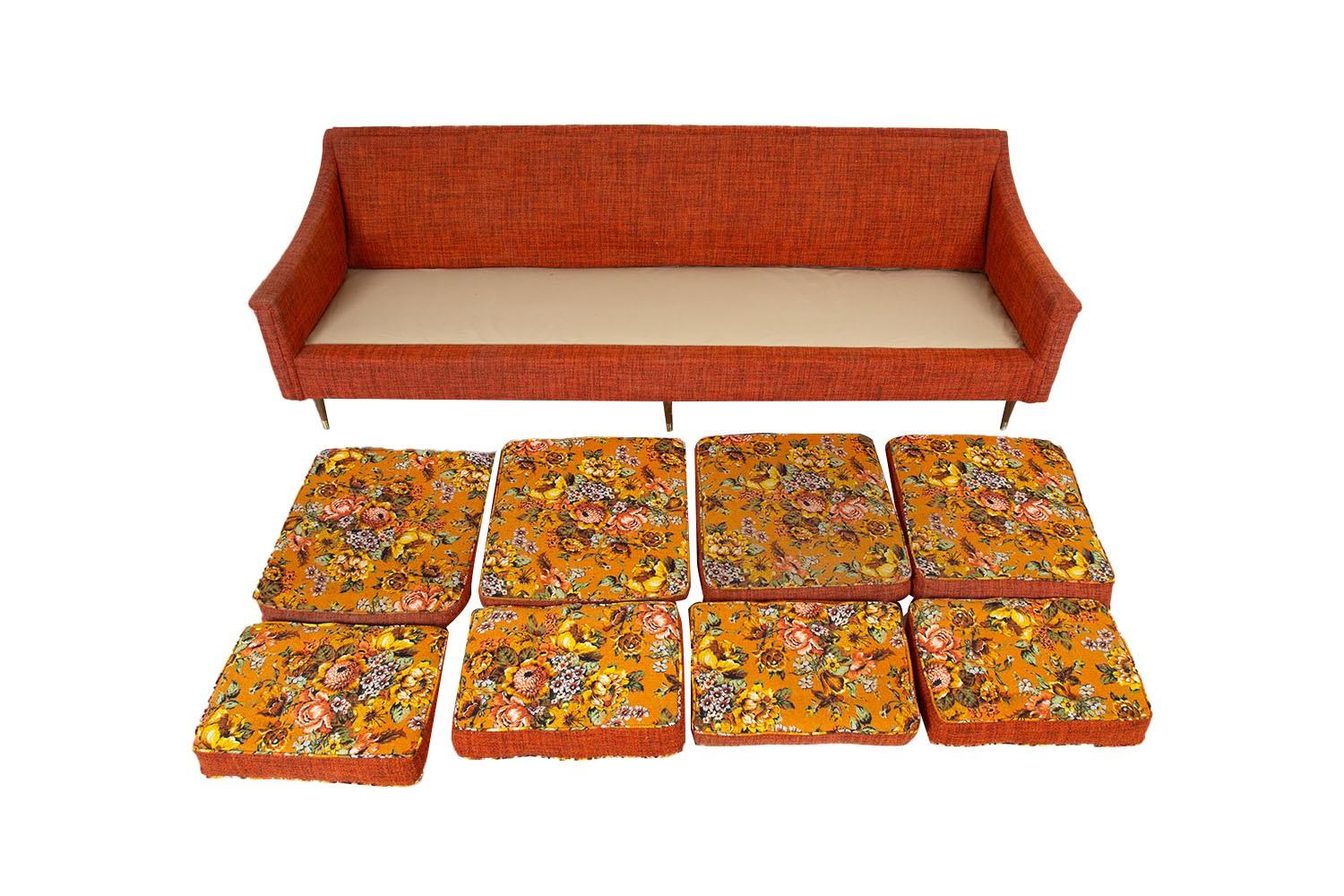 Upholstery Mid-Century Floral Orange Long Sofa For Sale