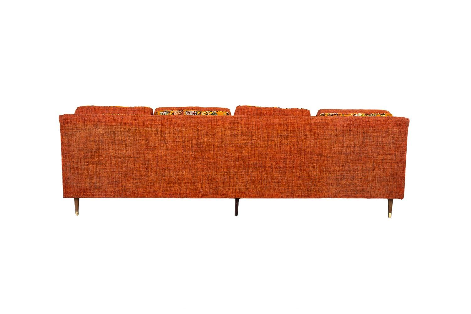 Mid-Century Floral Orange Long Sofa For Sale 1