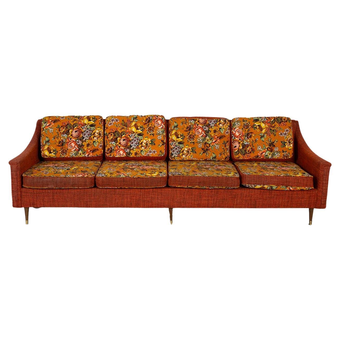 Mid-Century Floral Orange Long Sofa
