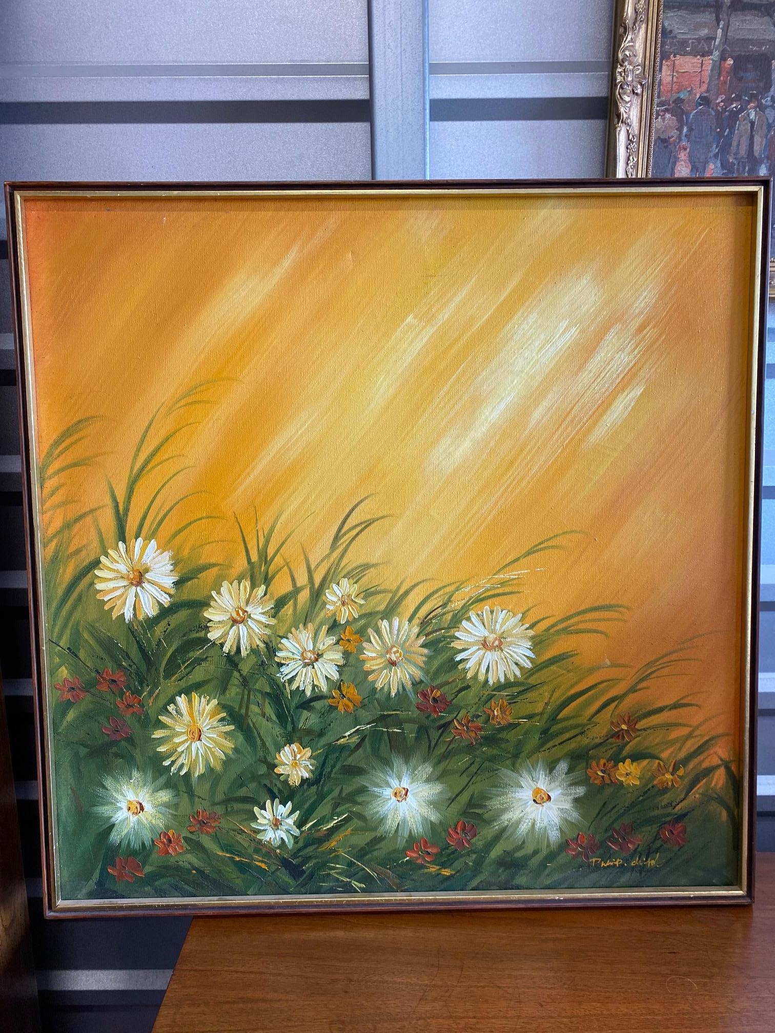 Mid Century Floral Scenic Oil Painting on Canvas, Signed and Framed 4