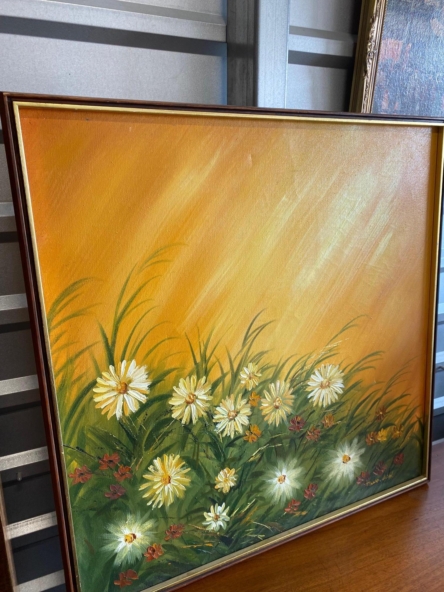 This beautiful oil canvas painting is the perfect pop of color for your home! The art work is signed and framed. The brush strokes in the flowers are simply gorgeous!