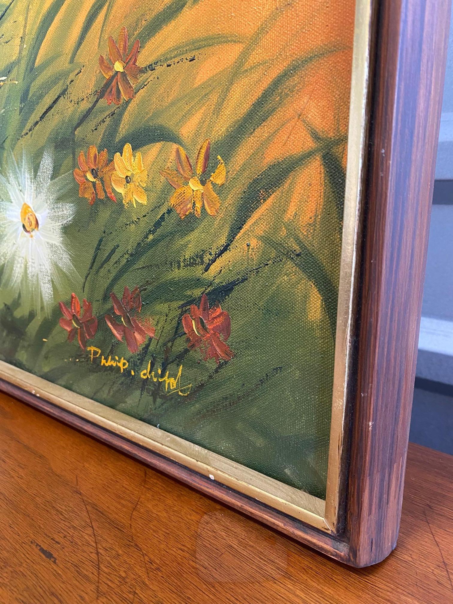 Unknown Mid Century Floral Scenic Oil Painting on Canvas, Signed and Framed