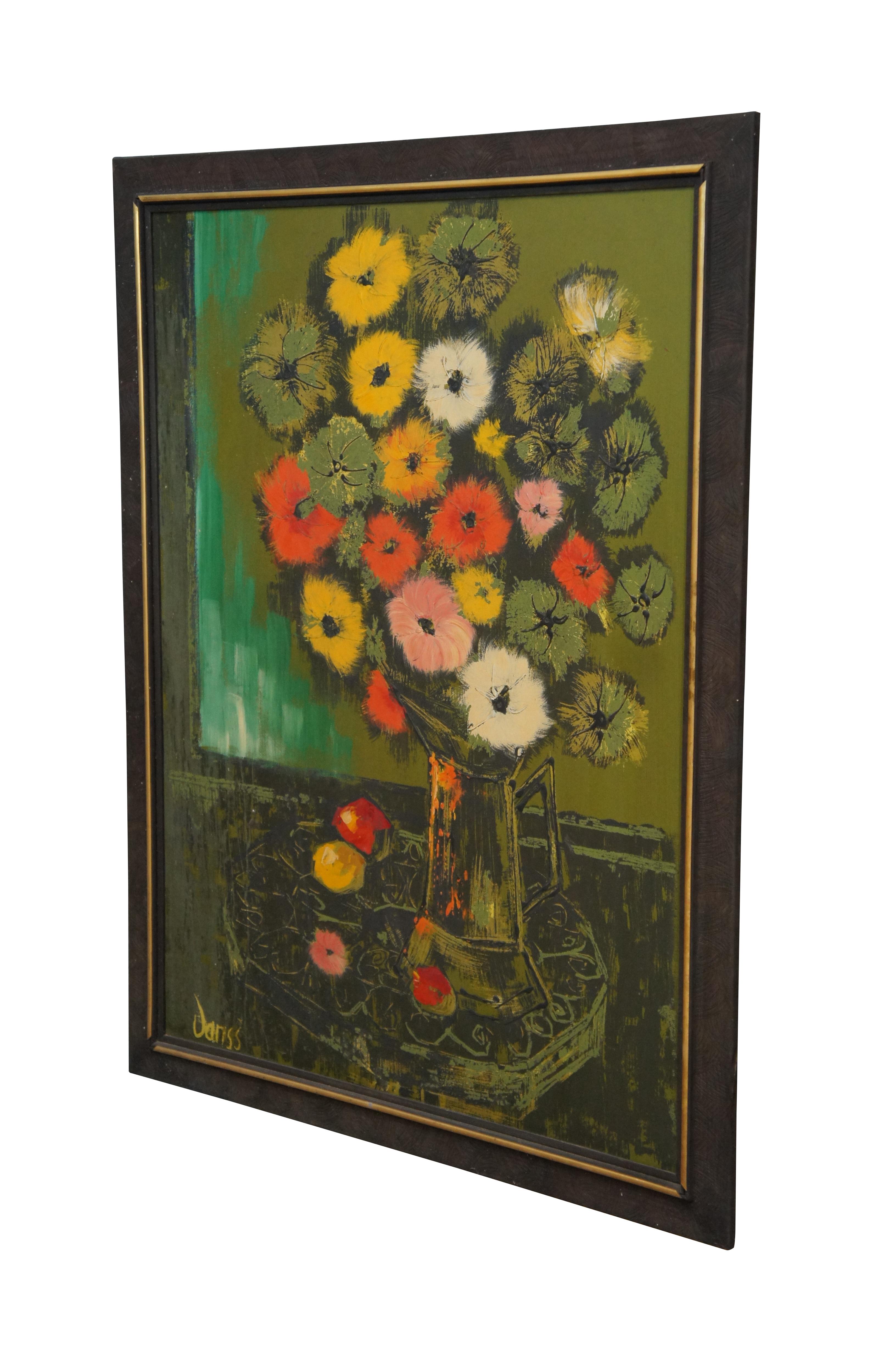 Vintage Mid-Century Modern floral still life showing a vase of zinnias on a decorative table. Mixed media, print and oil on board. Signed in stone lower left. Appears to say Janss

Measures: 34.5” x 0.75” x 44.5” / Sans Frame - 29.5” x 39.75”