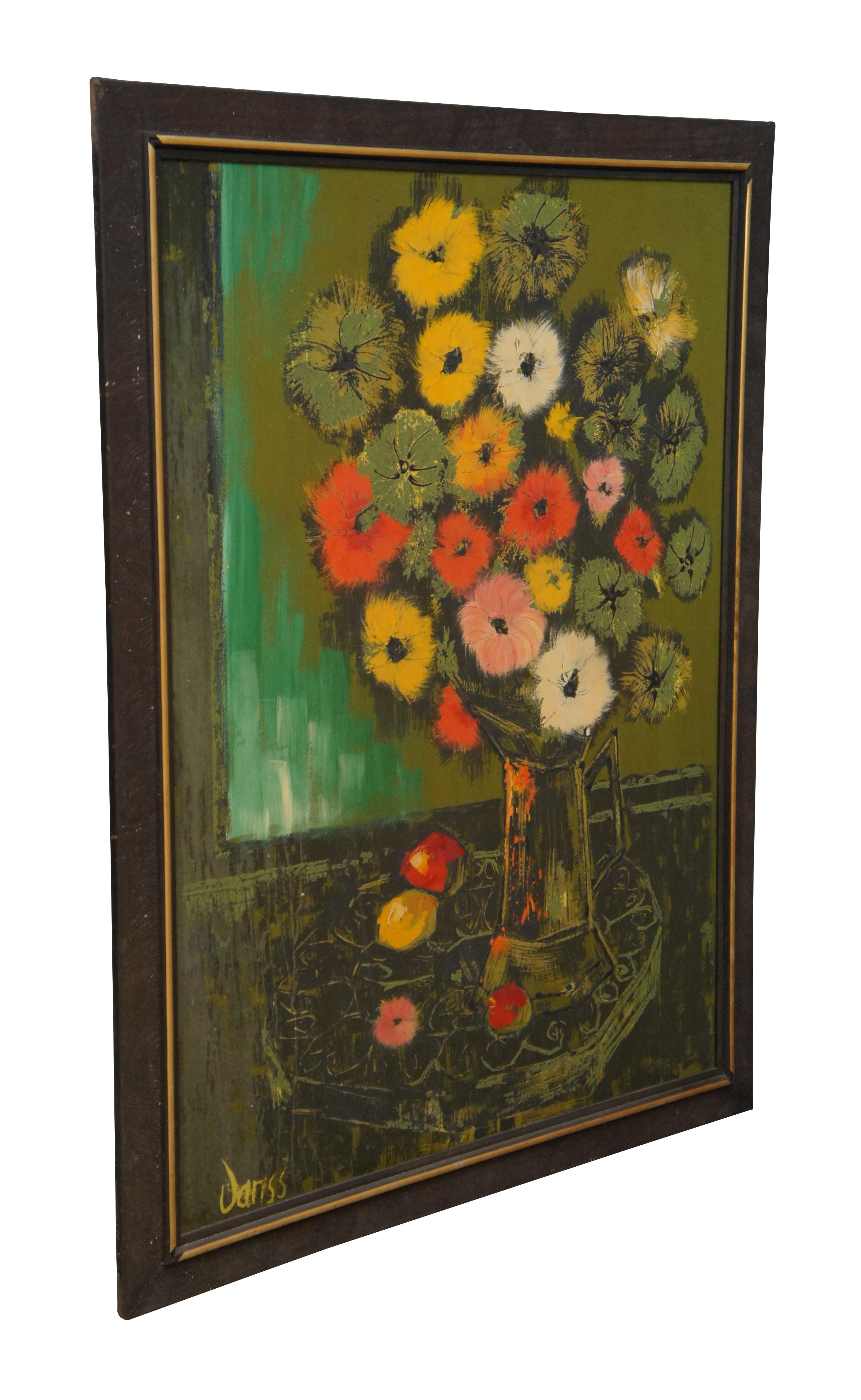 Mixed Media-Stillleben aus der Mitte des Jahrhunderts, Vase aus Zinnias, signiert 45