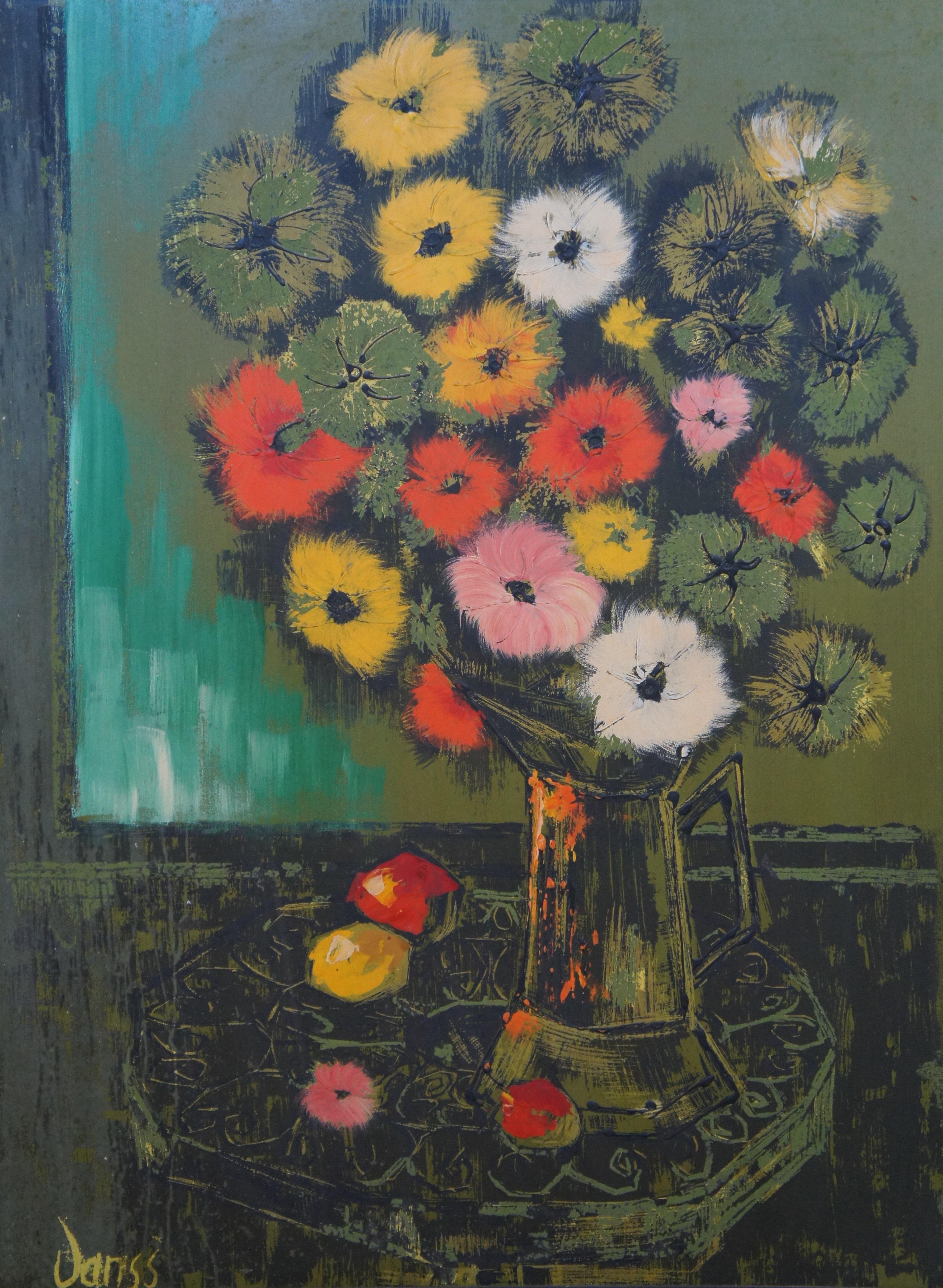 Paint Midcentury Floral Still Life Mixed Media on Board Vase of Zinnias Signed For Sale