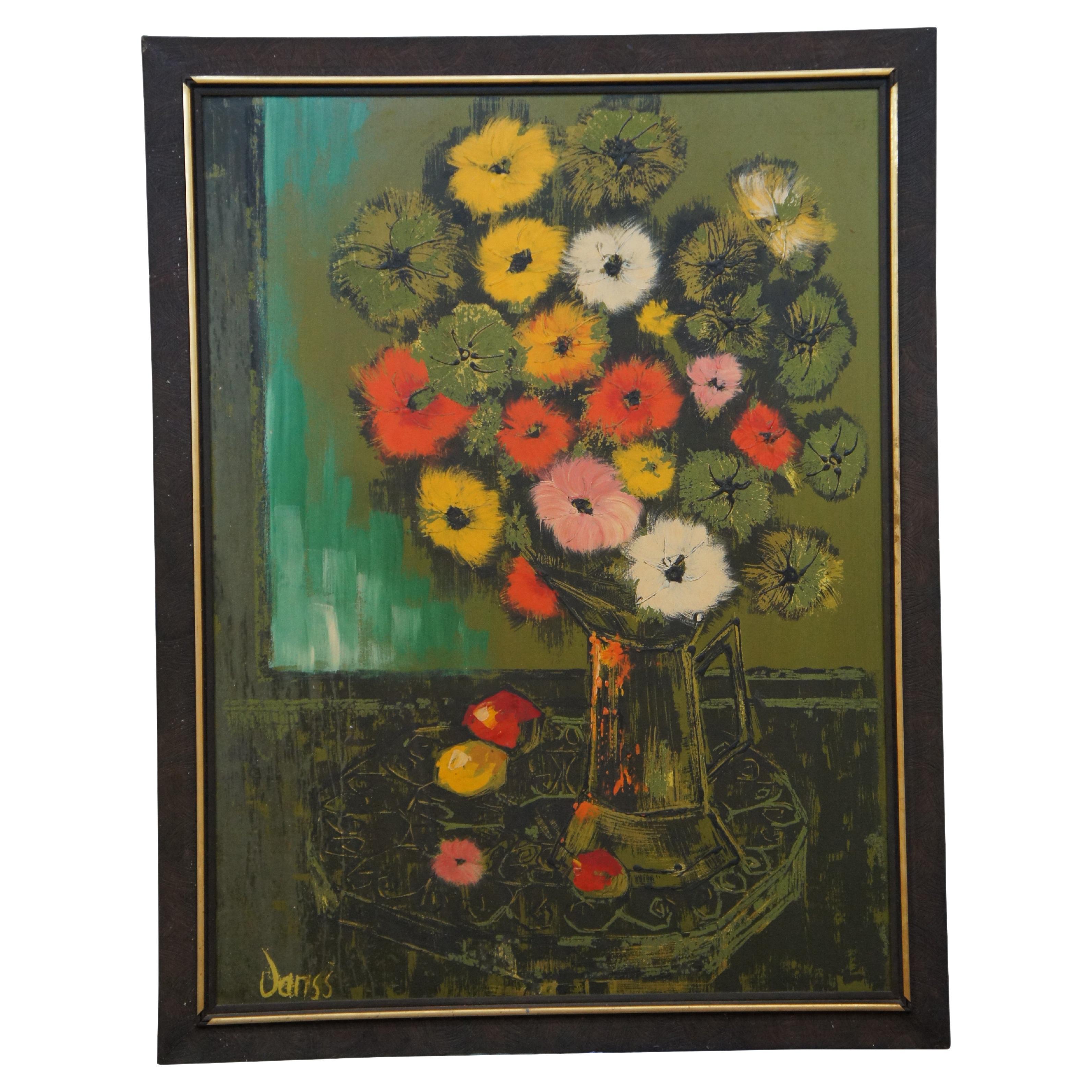 Midcentury Floral Still Life Mixed Media on Board Vase of Zinnias Signed For Sale