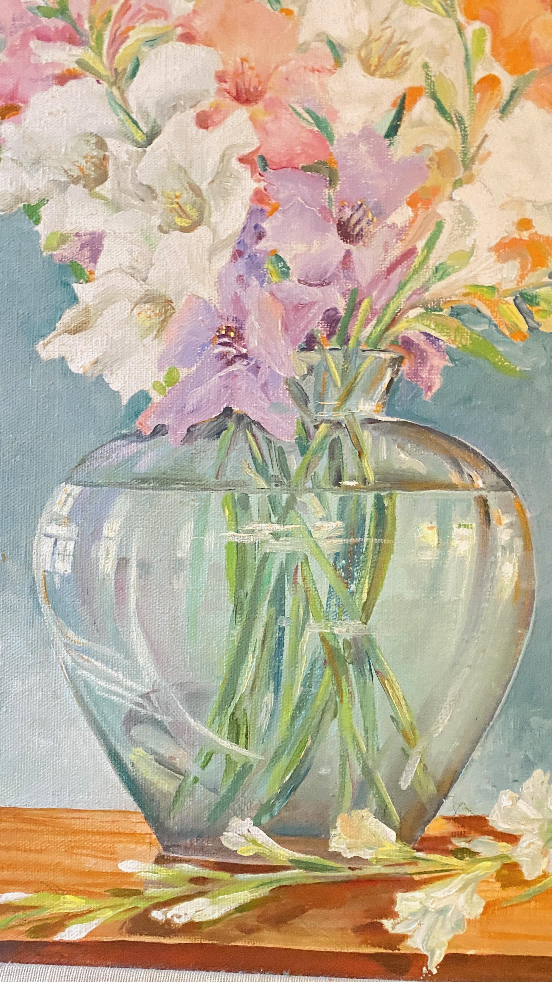 Hand-Painted Mid Century Floral Still Life of Gladiolus Signed J. A. McVey For Sale
