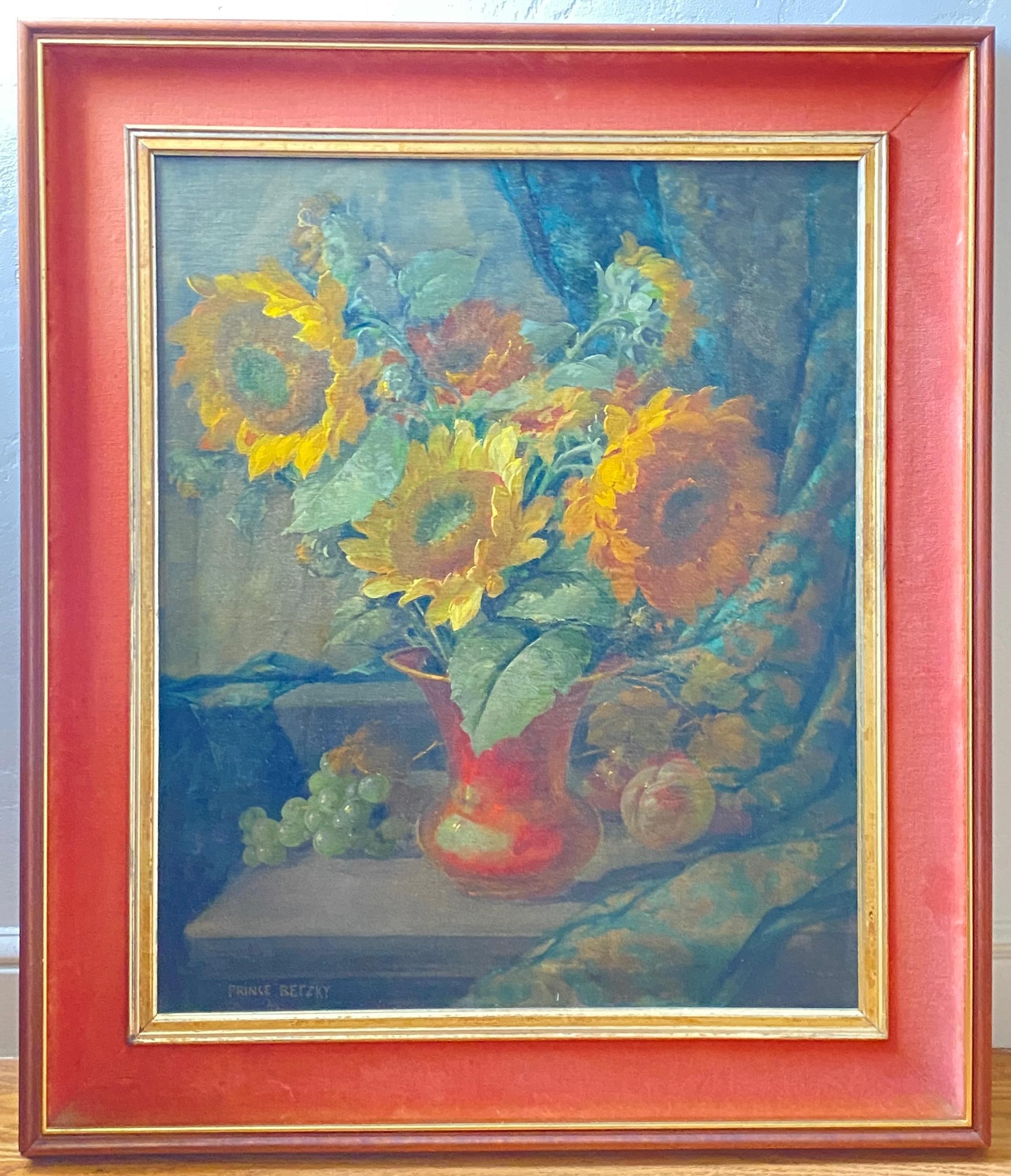 An exceptionally well painted still life of sunflowers, signed Prince Brezky and date 1946.
Oil on canvas in original frame with gilt detail and orange velvet liner.
A beautiful painting in very good condition.