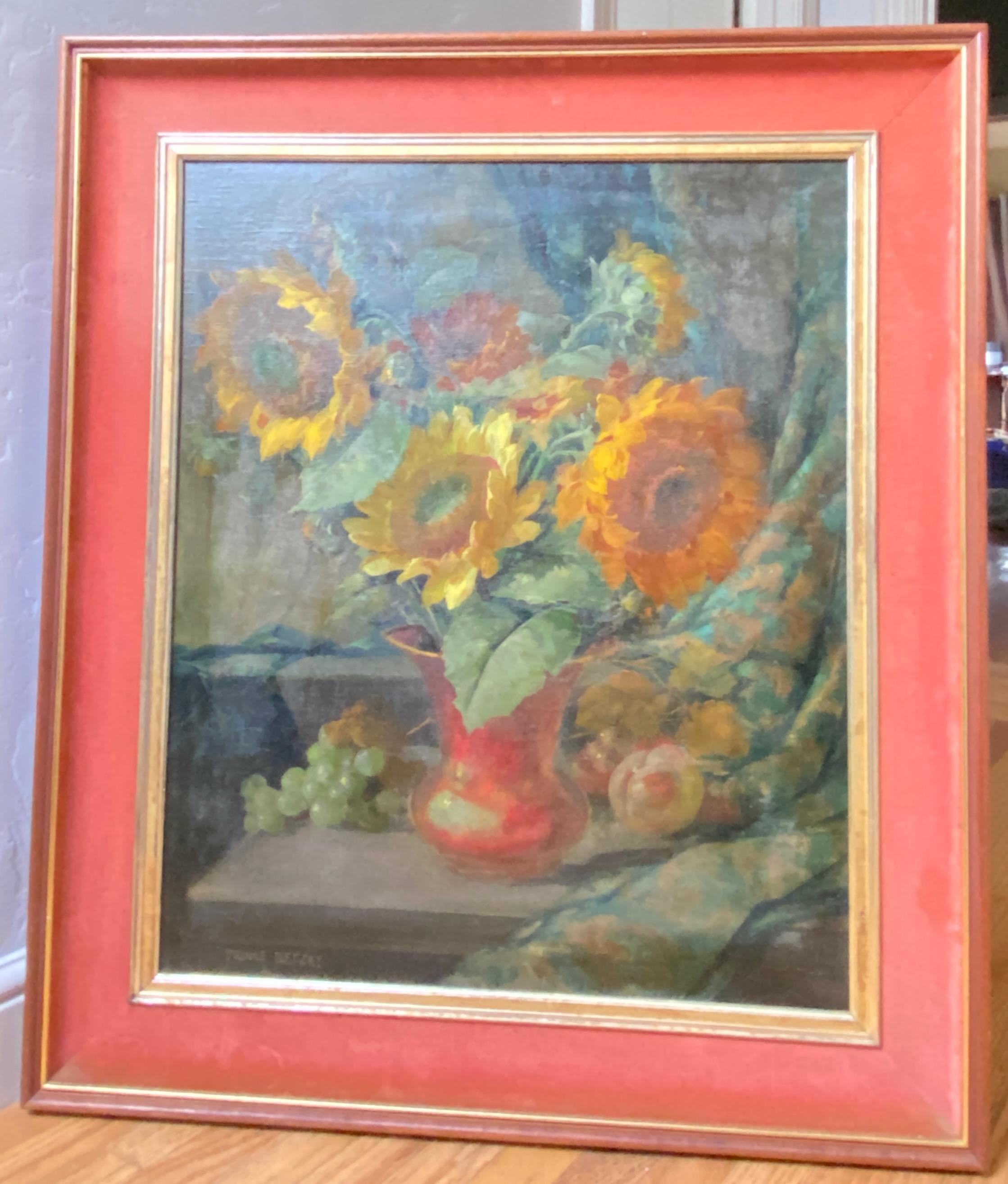 Hand-Painted Mid Century Floral Still Life of Sunflowers signed Prince Betzky 1946 For Sale