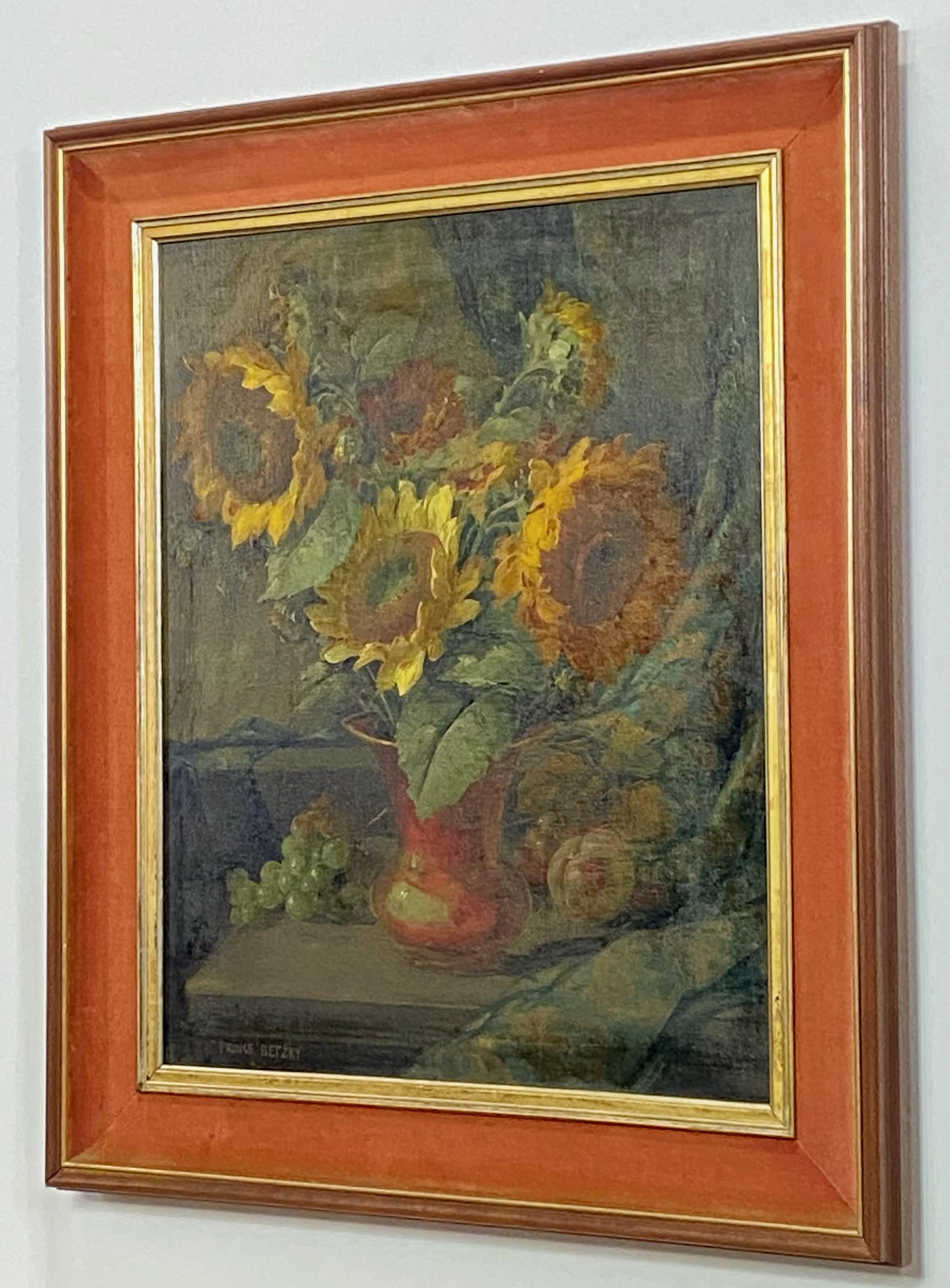 Mid Century Floral Still Life of Sunflowers signed Prince Betzky 1946 In Good Condition For Sale In San Francisco, CA