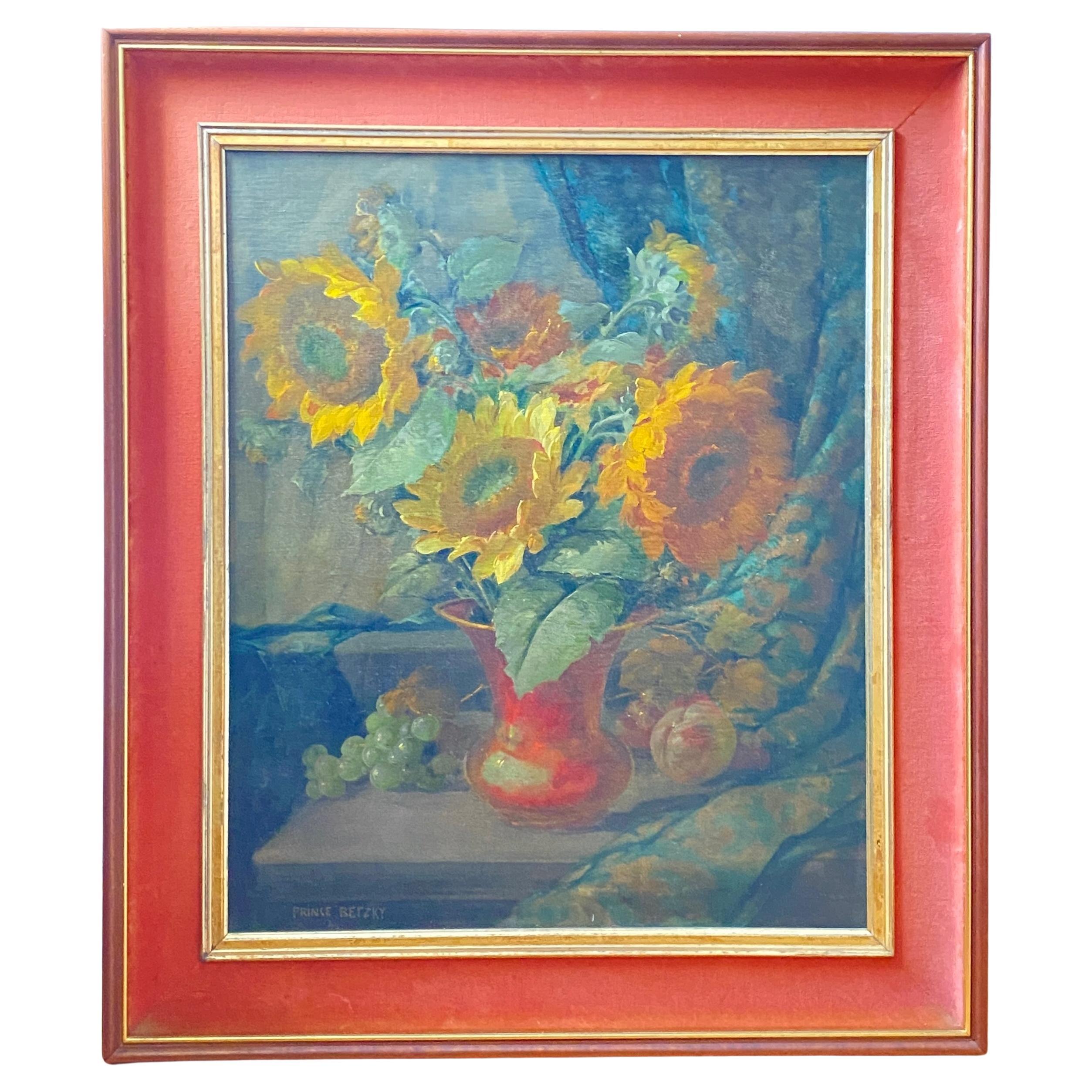 Mid Century Floral Still Life of Sunflowers signed Prince Betzky 1946 For Sale