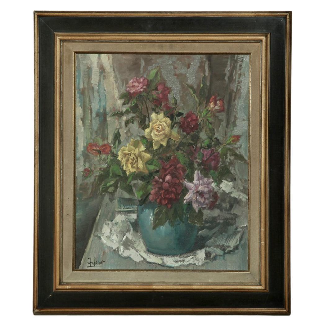 Nature morte florale du milieu du siècle, peinture à l'huile sur toile de Jules De Cort