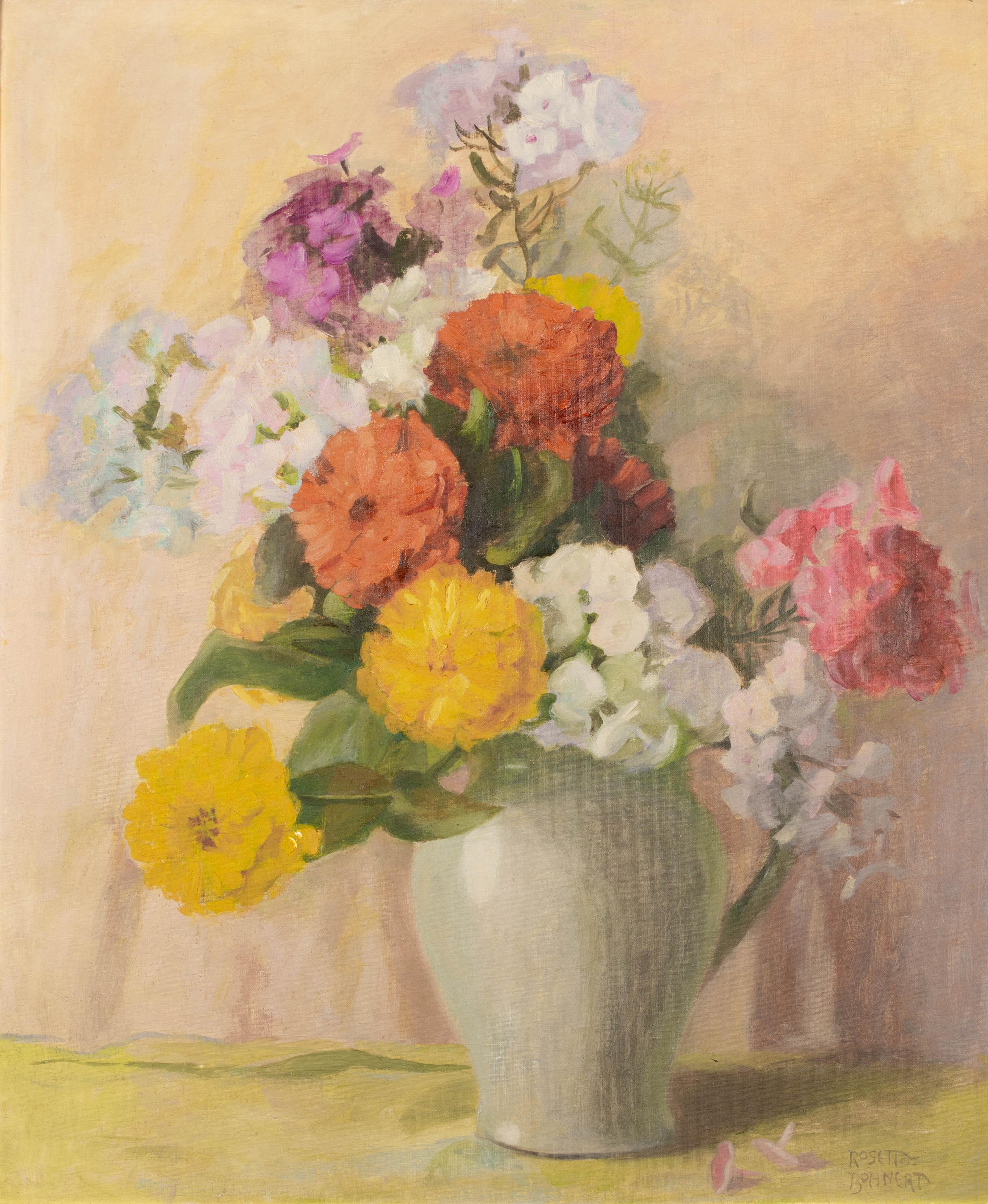 A large Impressionist style floral still life painting by American artist Rosetta Bohnert (1885-1980). Bouquet of bright yellow and orange zinnias and pink and white phlox in white pottery pitcher. Oil on canvas board. Signed lower right. Original