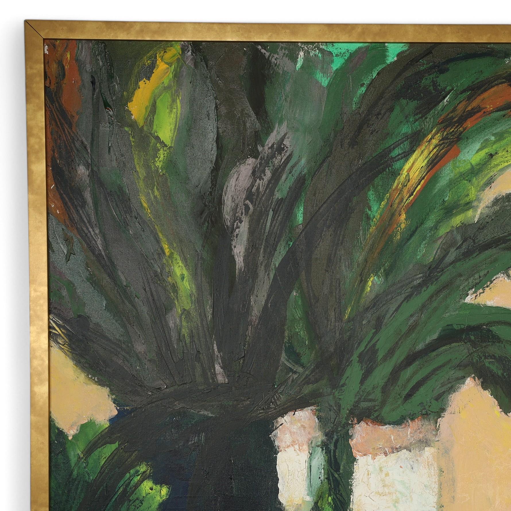 Lofty vintage oil painting on canvas of a still life with vases, leaves and flowers executed in an expressionist modern style, signed Springer in the lower right and presented in a gold tone wood frame. 