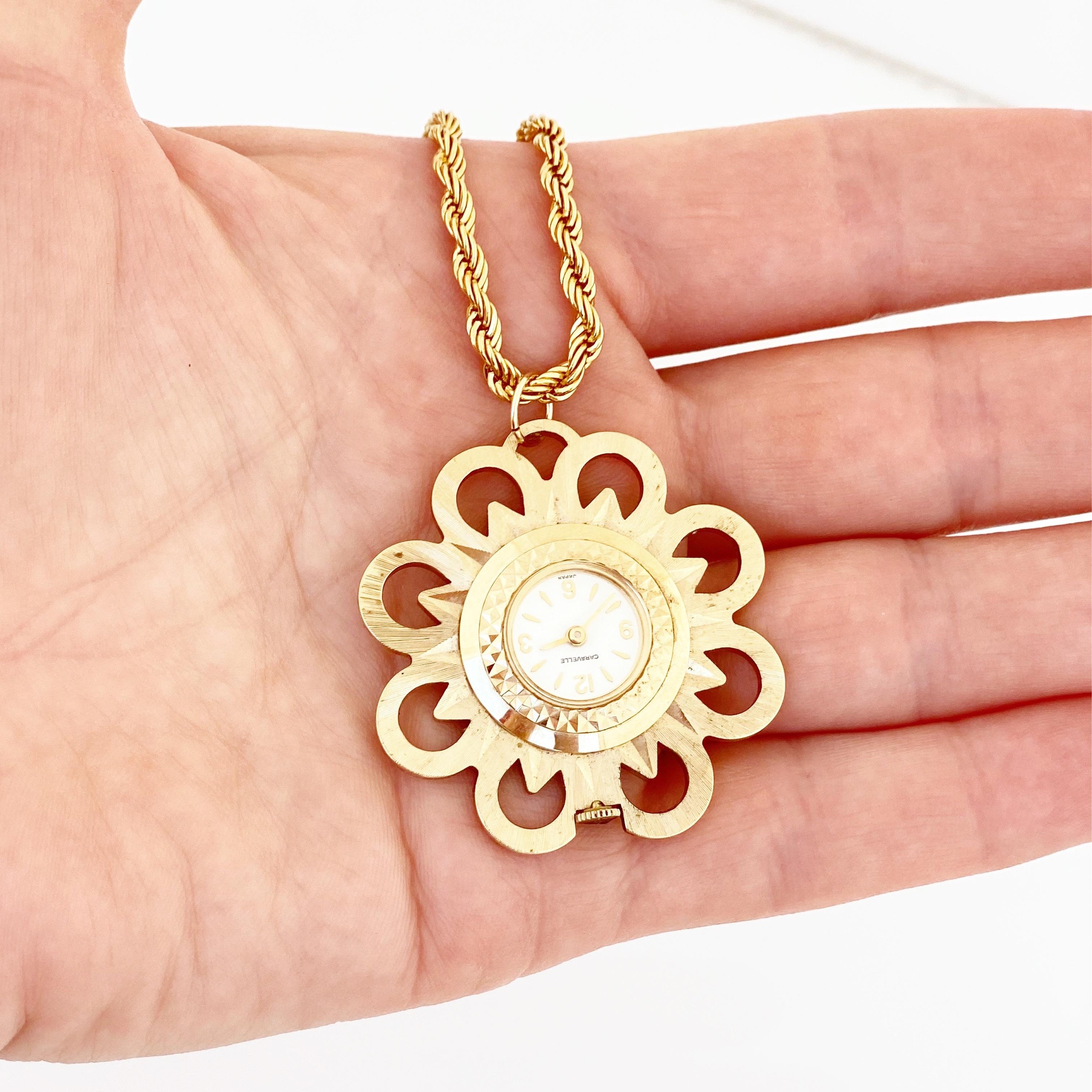 Mid Century Floral Watch Pendant Necklace By Caravelle, 1960s For Sale 2