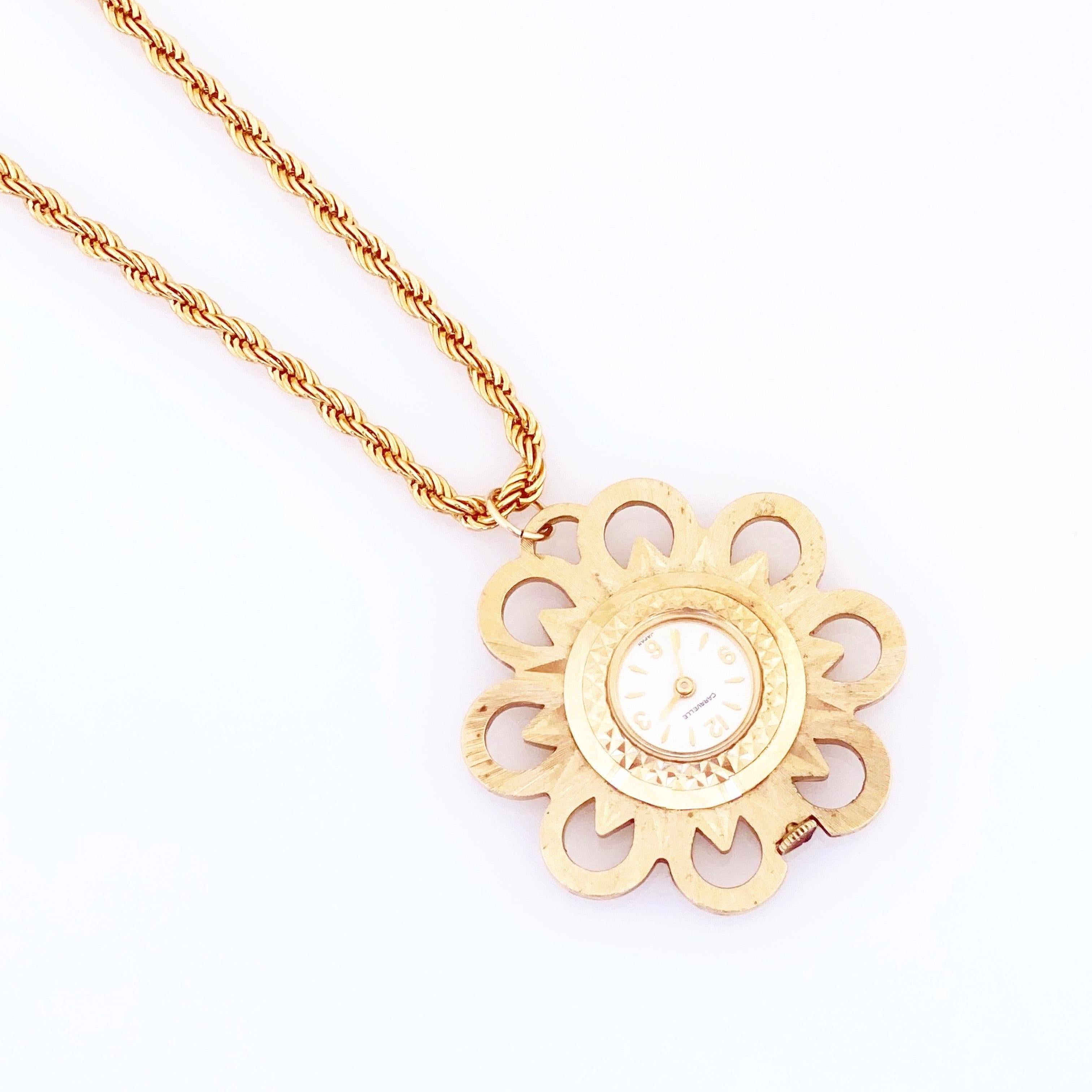 Modern Mid Century Floral Watch Pendant Necklace By Caravelle, 1960s For Sale