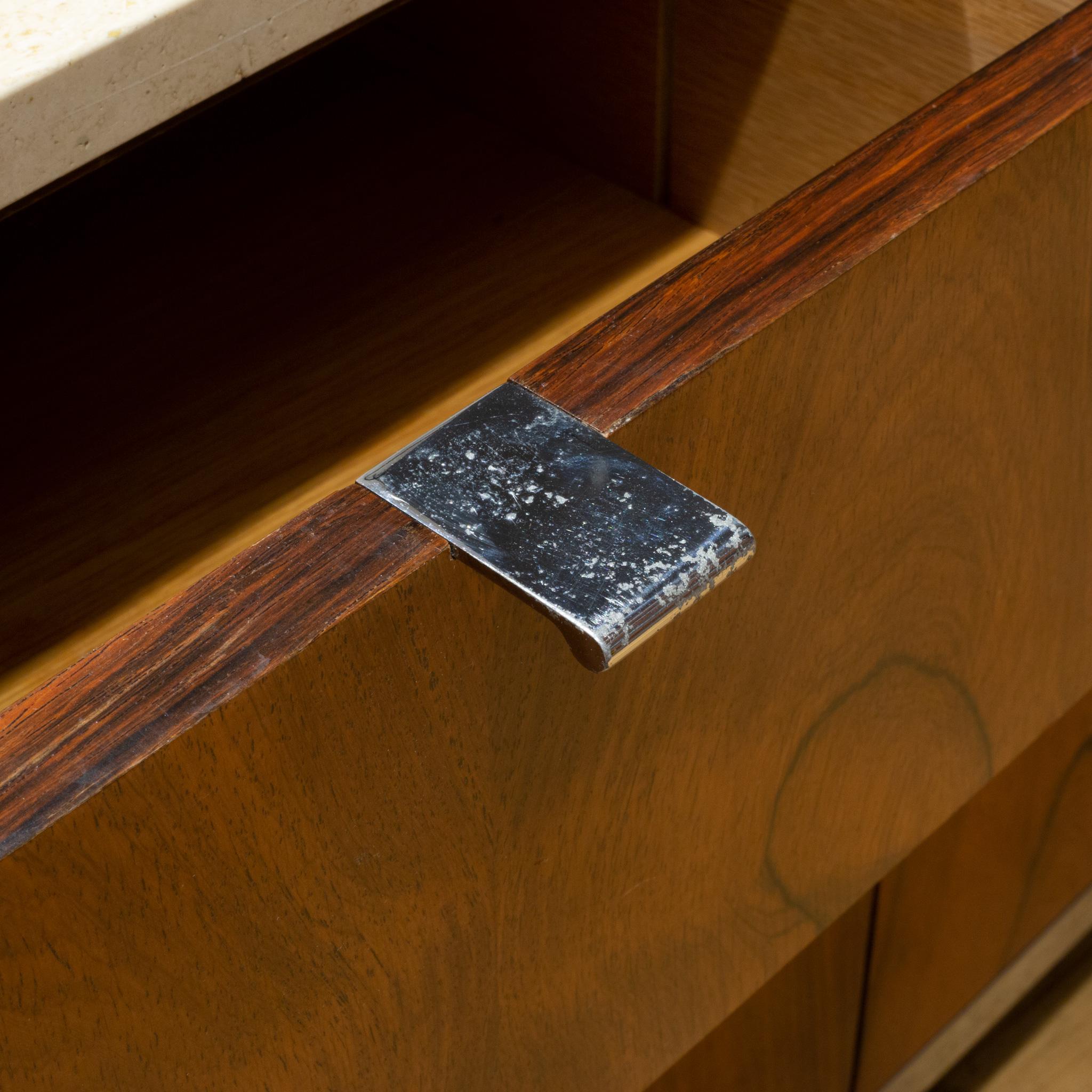 Chrome Mid-century Florence Knoll Rosewood Credenza with Travertine Top c.1950-1970