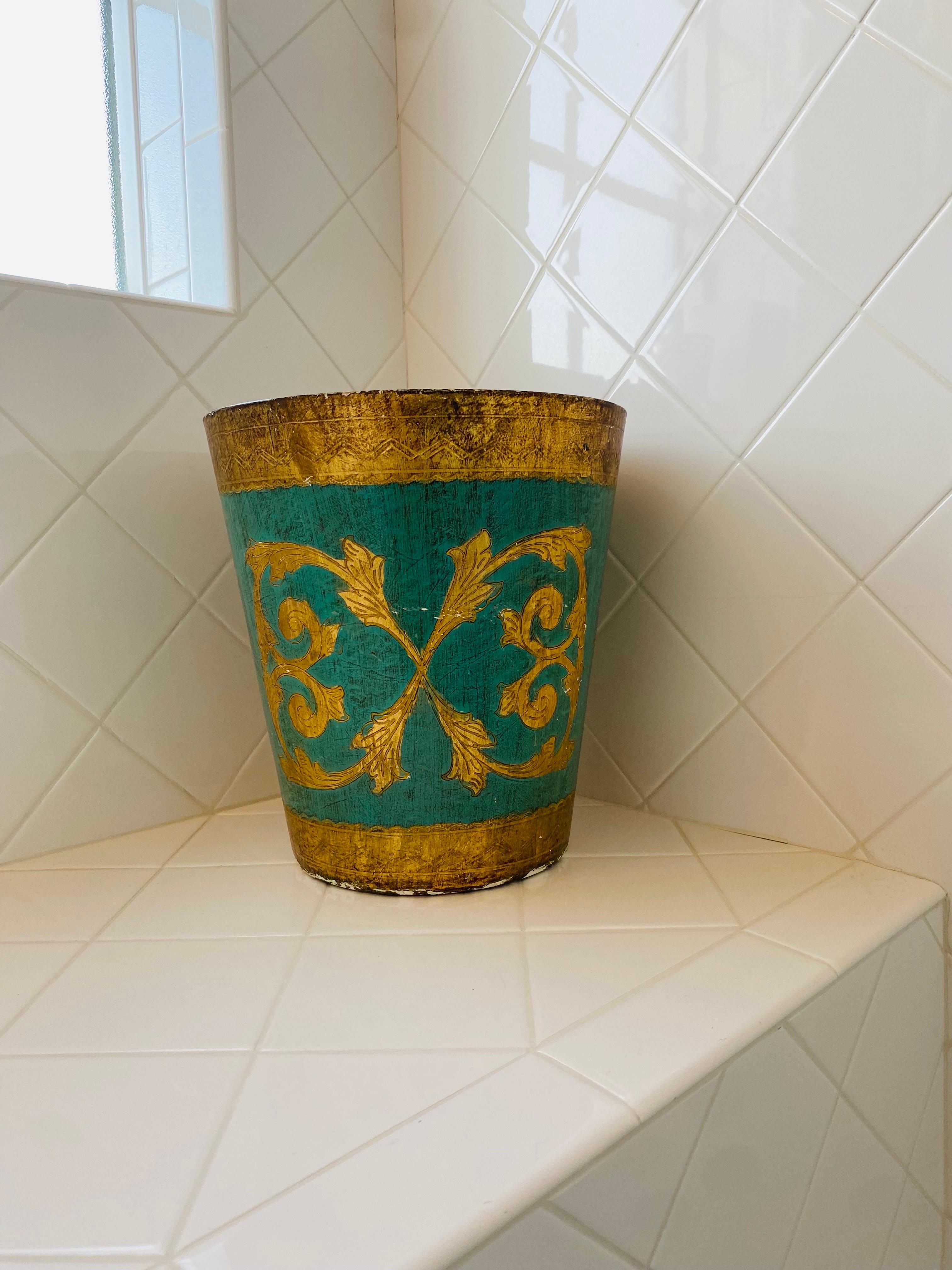 Mid Century Florentine Borghese Style Waste Basket Made in Italy In Good Condition In San Diego, CA