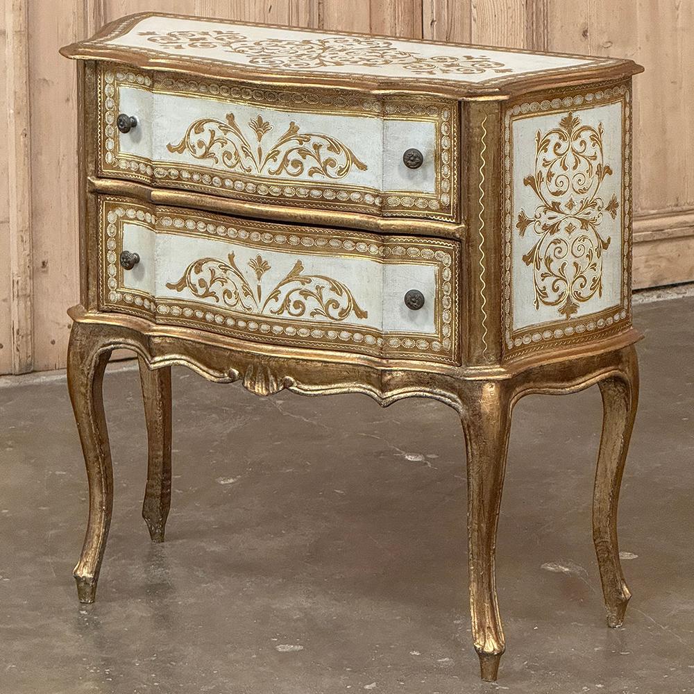 Mid-Century Florentine Commodini ~ Petite Chest of Drawers is a continuation of centuries of tradition in style and furnishings that have been gifted by the Italian peninsula to the world.  This style emanated from fabled Florence, with serpentine
