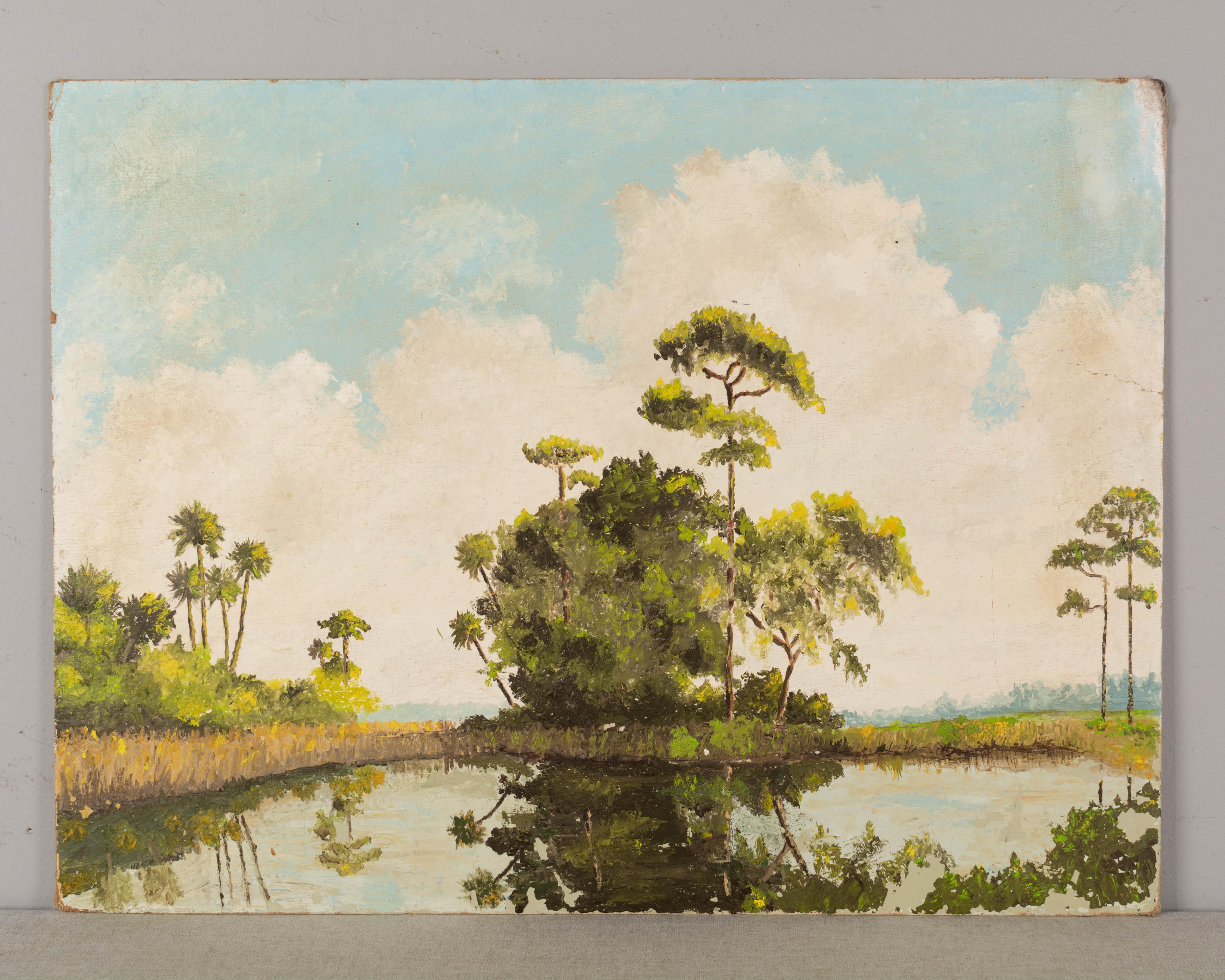 A mid century Florida Highwaymen painting on board. In the style of Harold Newton, but unsigned. Some discoloration especially in the sky, and some paint loss especially in the lower right. Please refer to photos for more details. Pictures are part