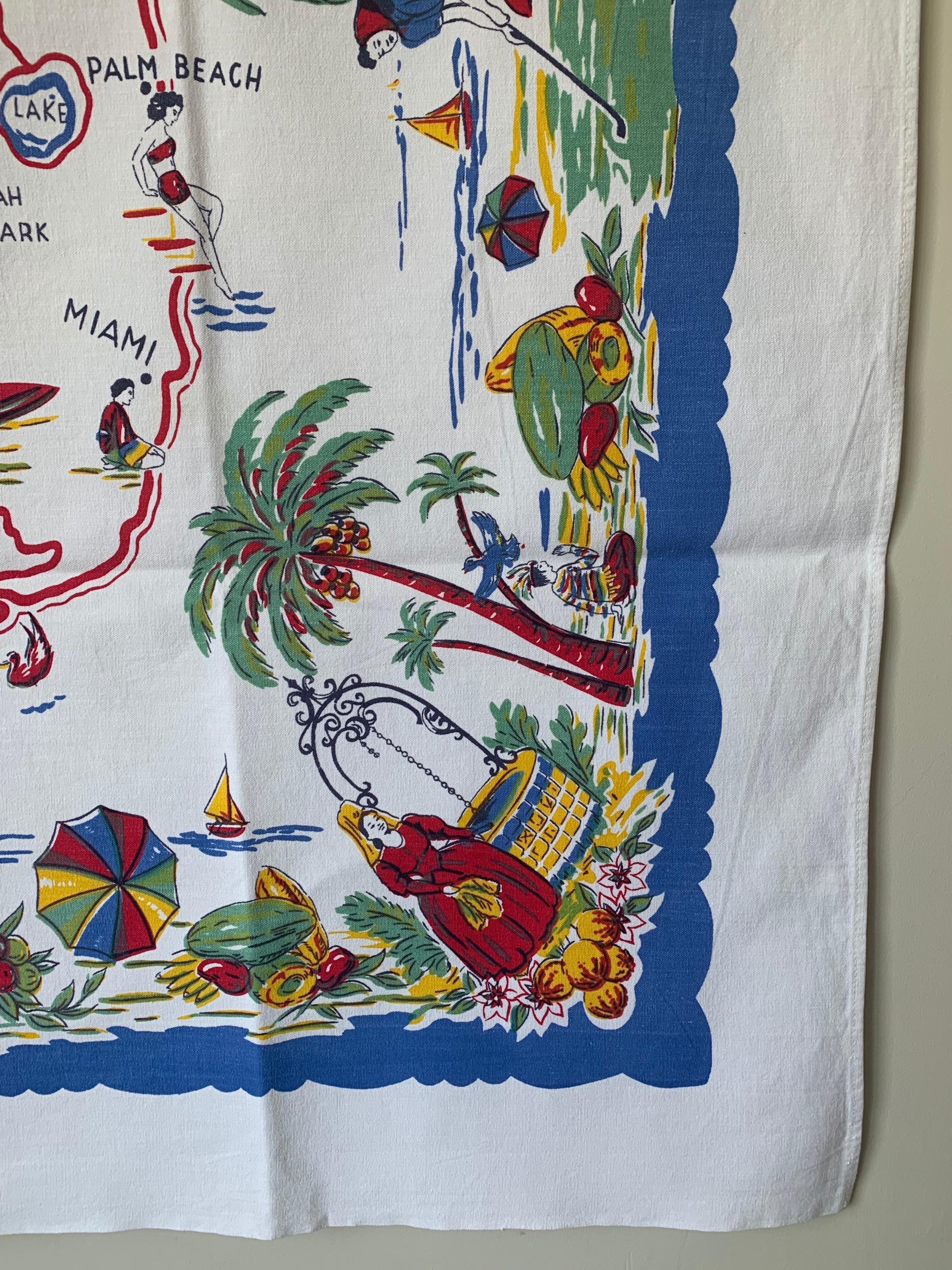 Mid-Century Modern Midcentury Florida Souvenir Square Tablecloth For Sale
