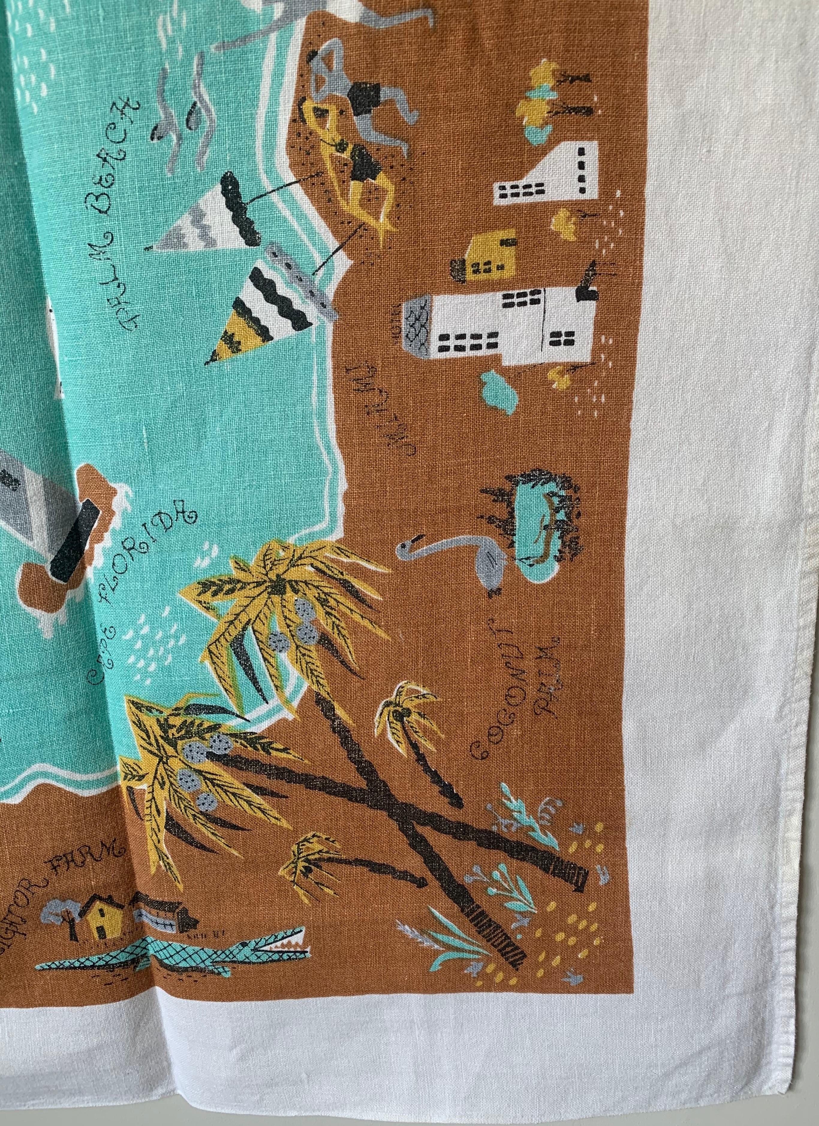 Mid-Century Modern Midcentury Florida Souvenir Square Tablecloth For Sale