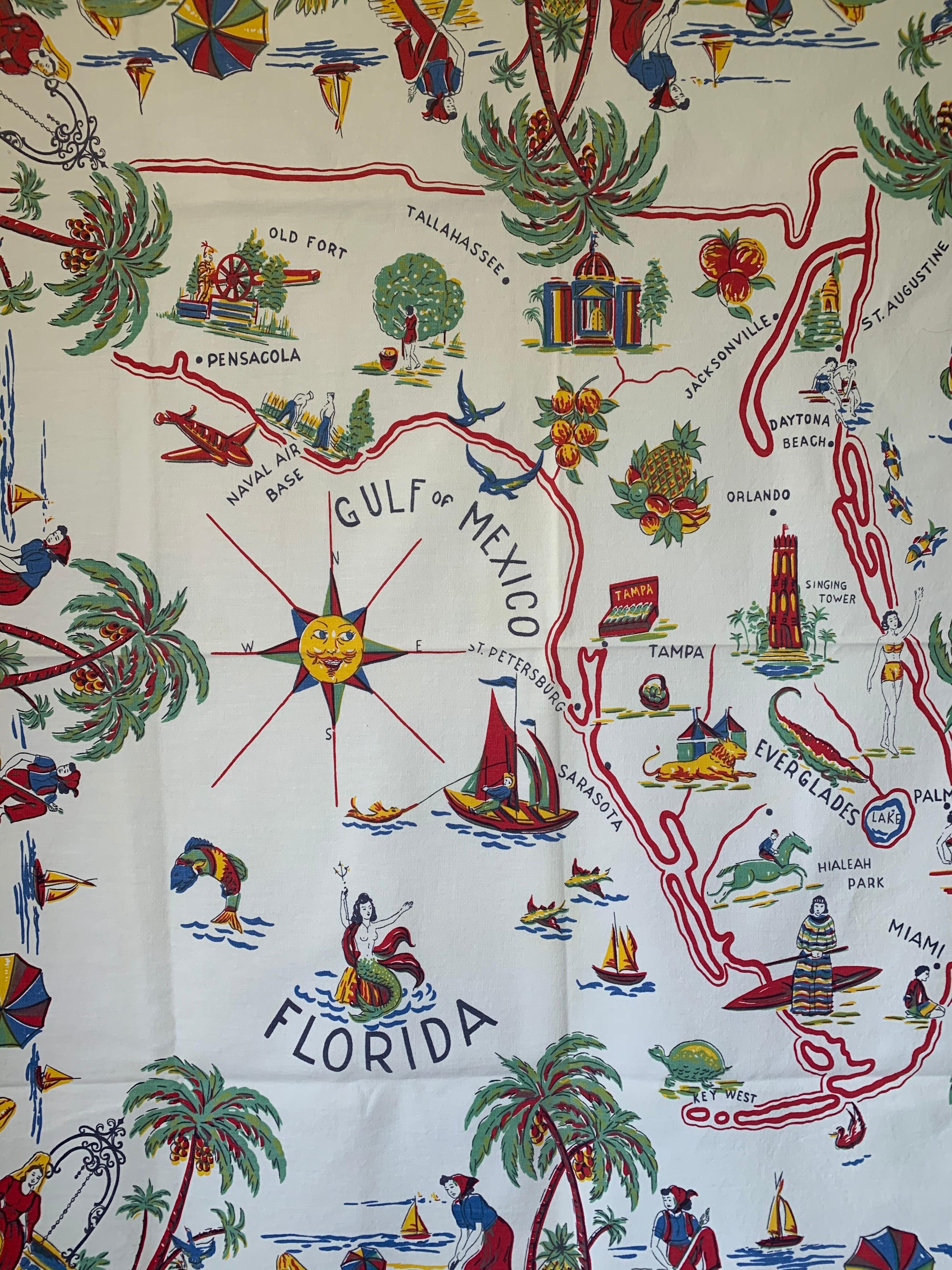 American Midcentury Florida Souvenir Square Tablecloth For Sale