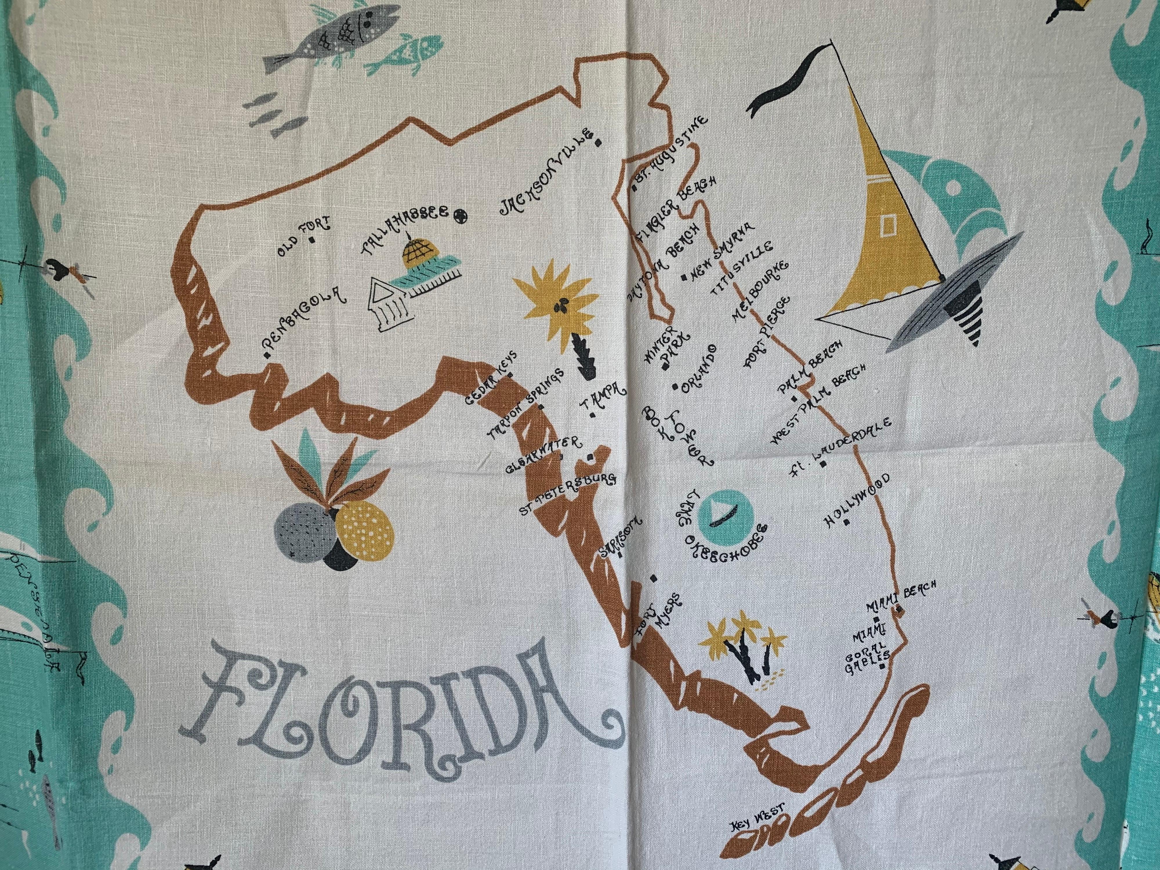 Midcentury Florida Souvenir Square Tablecloth In Good Condition For Sale In Stamford, CT