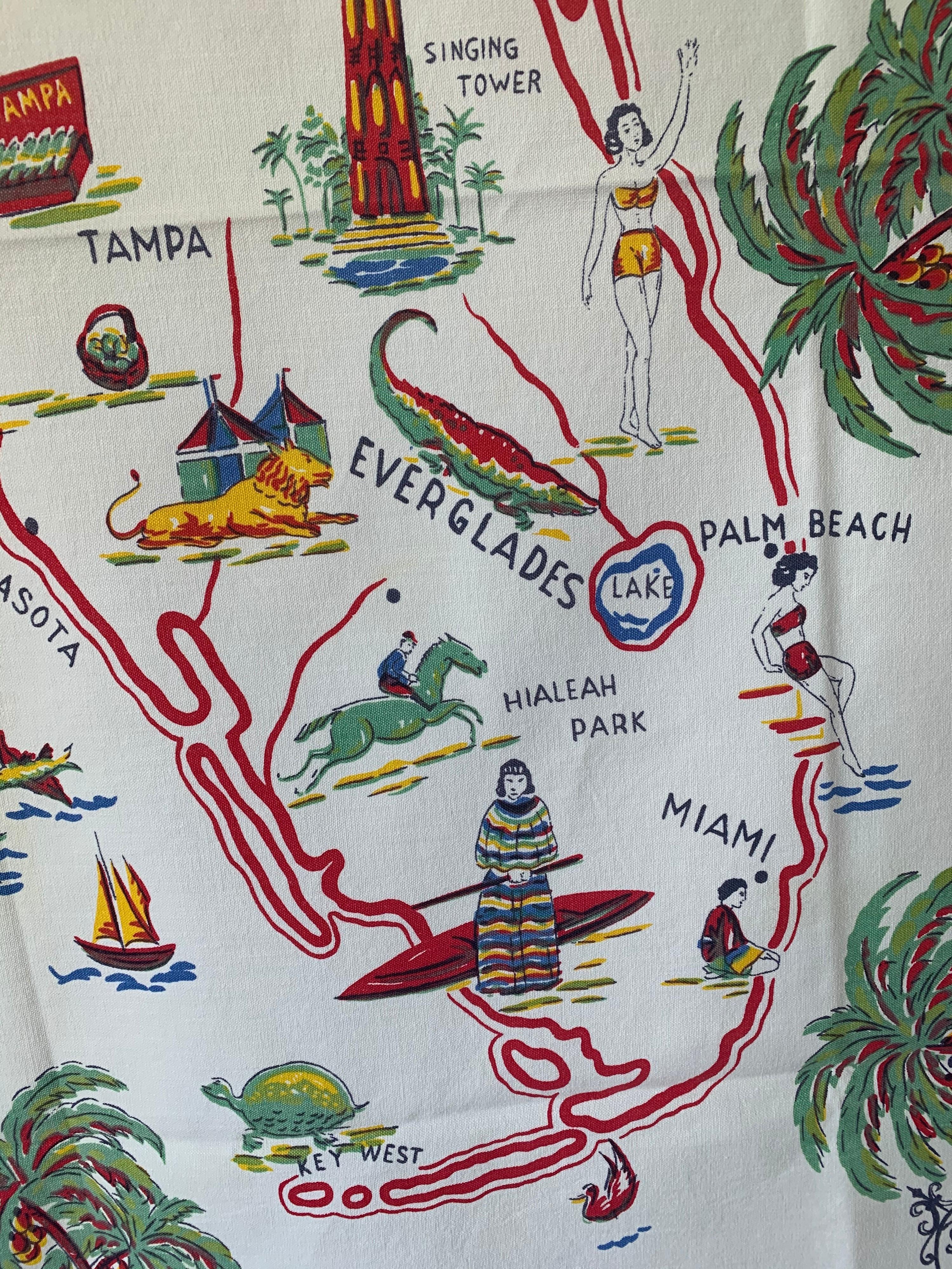 Mid-20th Century Midcentury Florida Souvenir Square Tablecloth For Sale