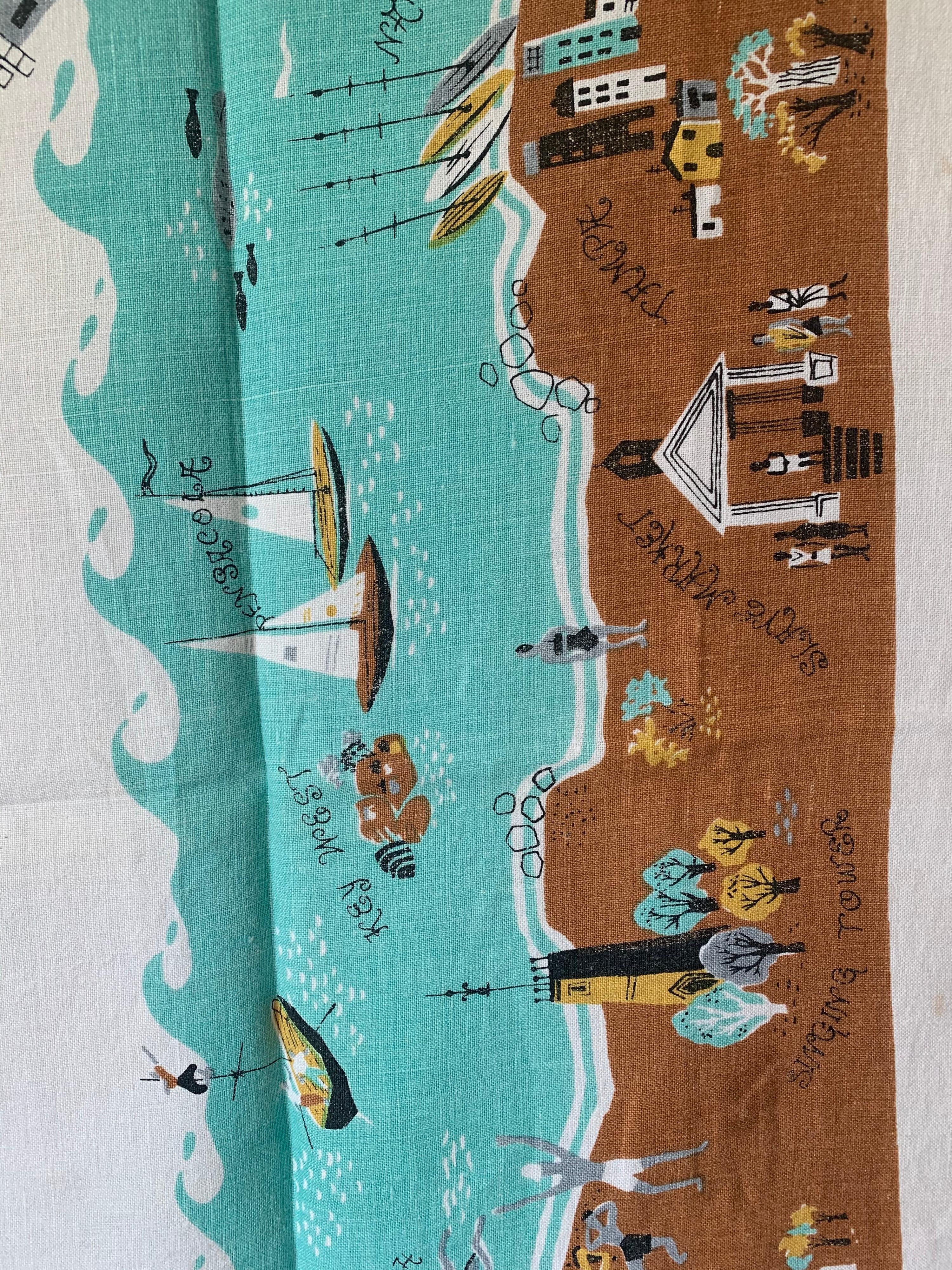 Mid-20th Century Midcentury Florida Souvenir Square Tablecloth For Sale