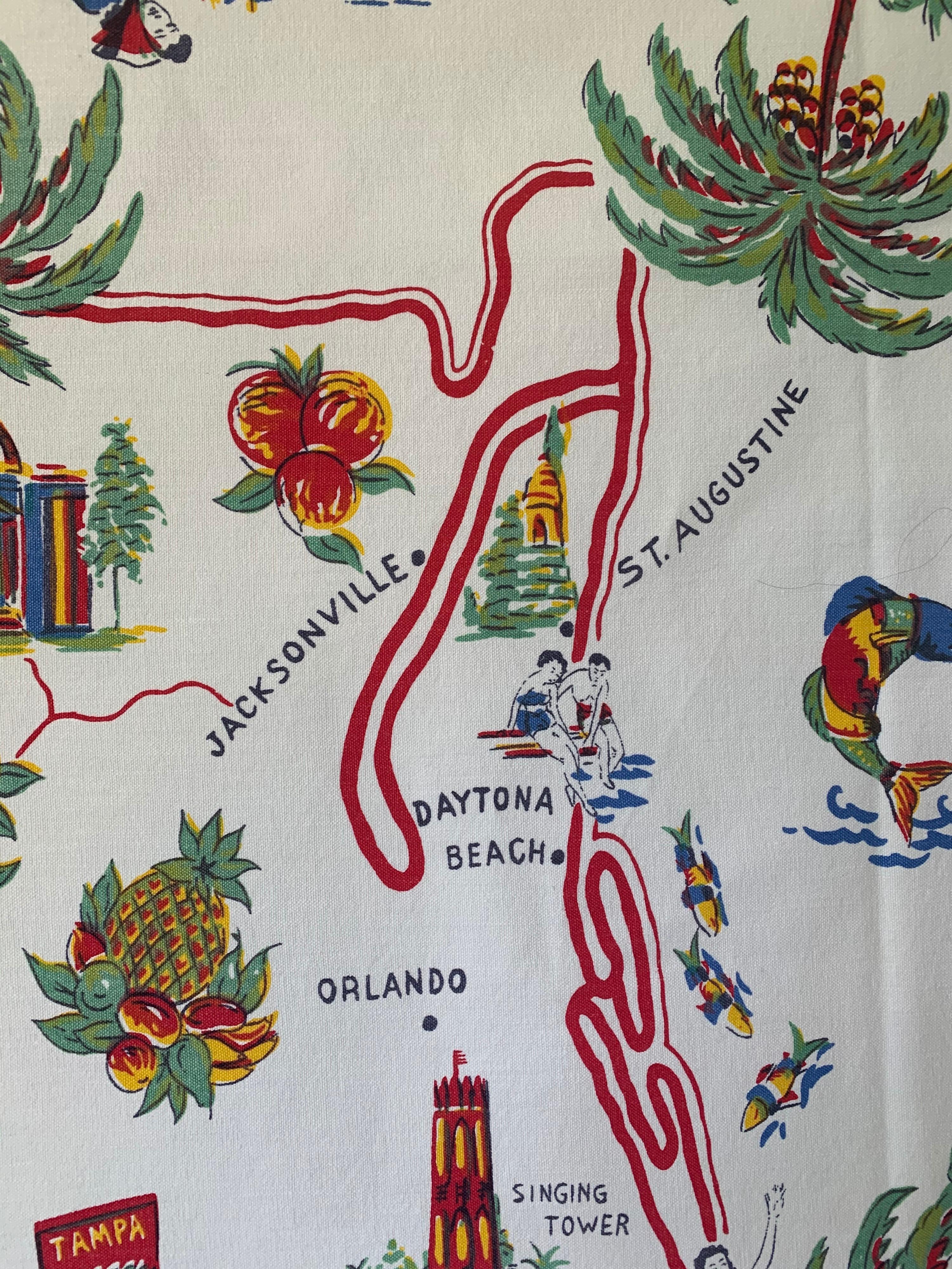 Cotton Midcentury Florida Souvenir Square Tablecloth For Sale