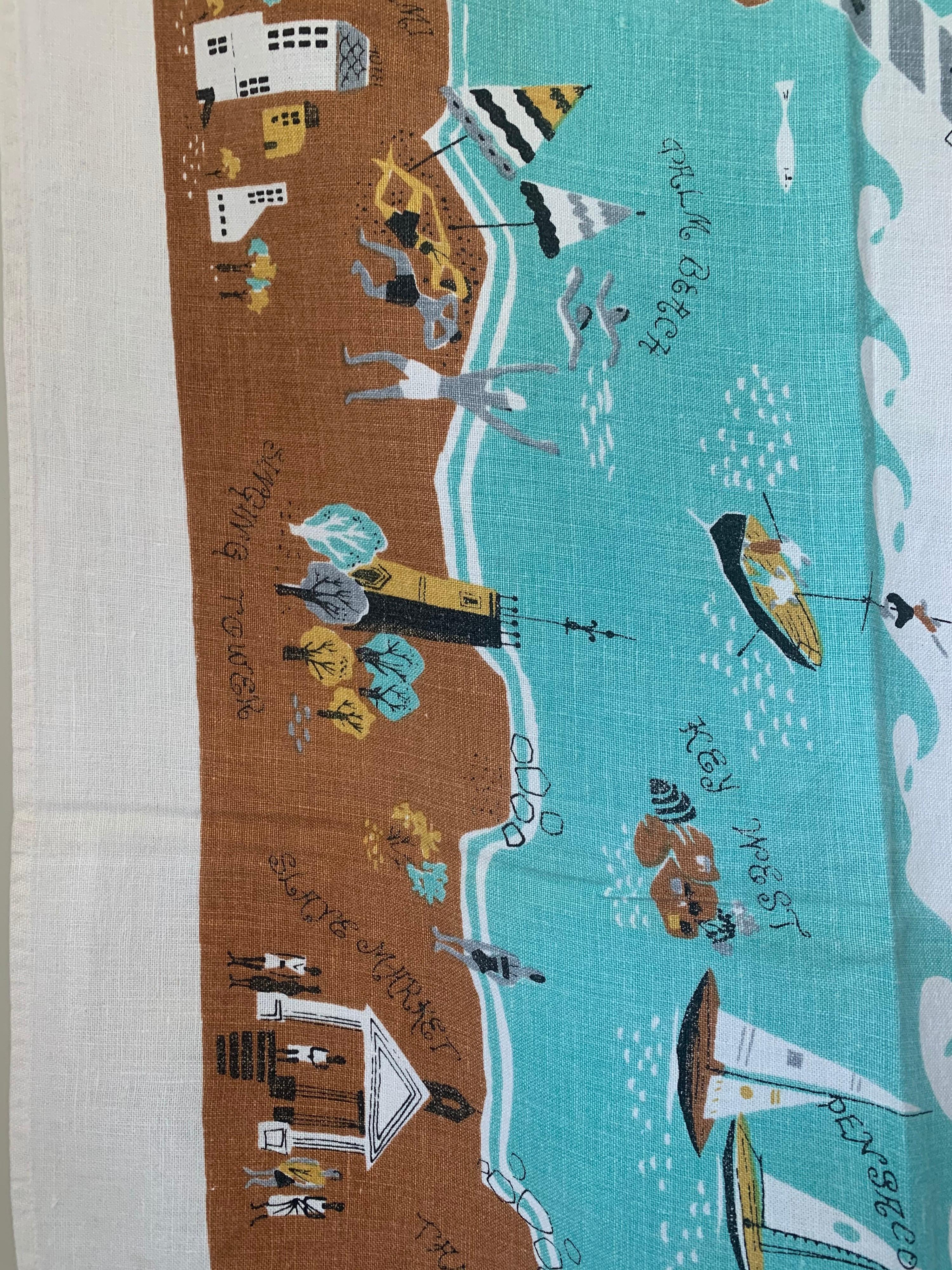 Cotton Midcentury Florida Souvenir Square Tablecloth For Sale