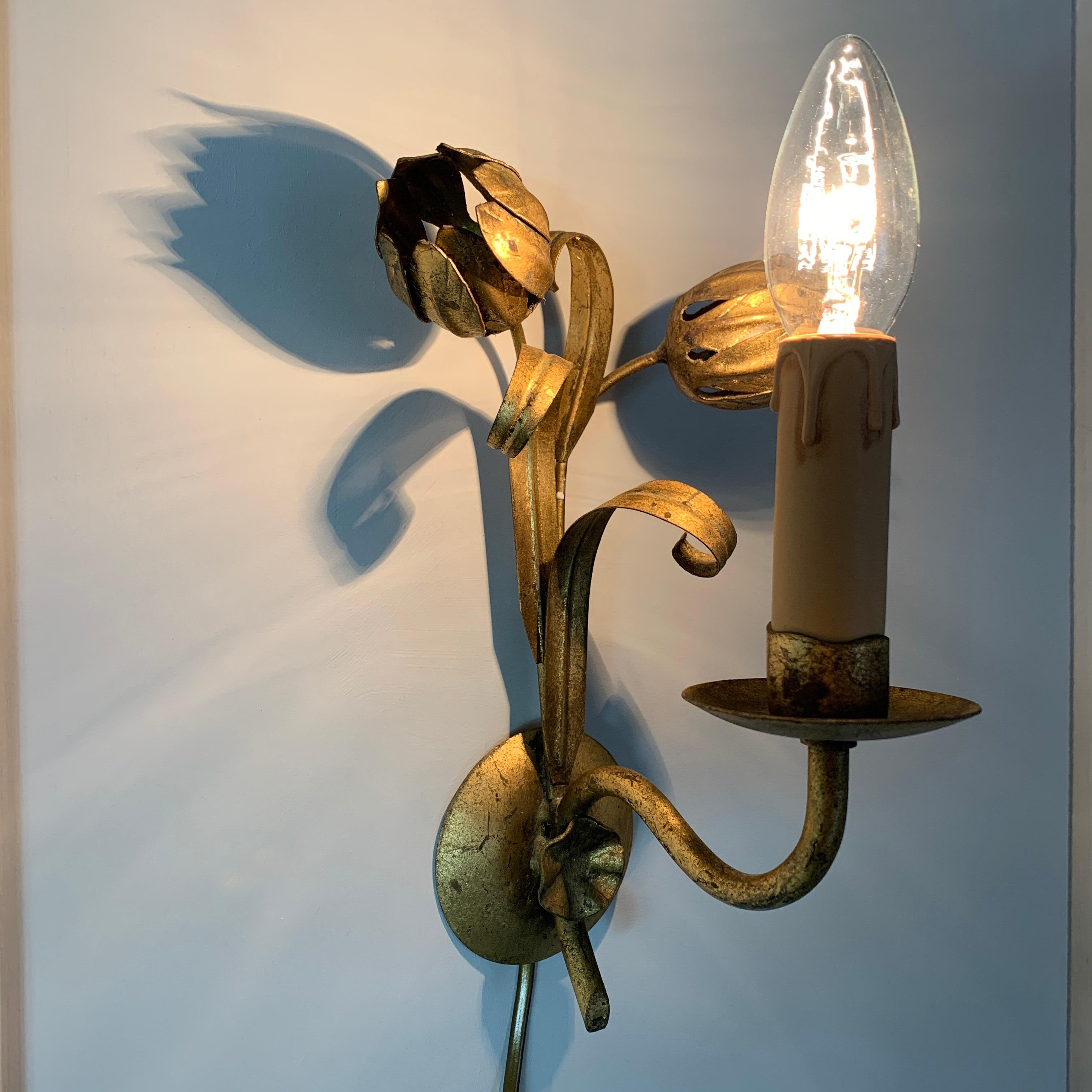 French Midcentury Flower Bud Gilt Wall Lights