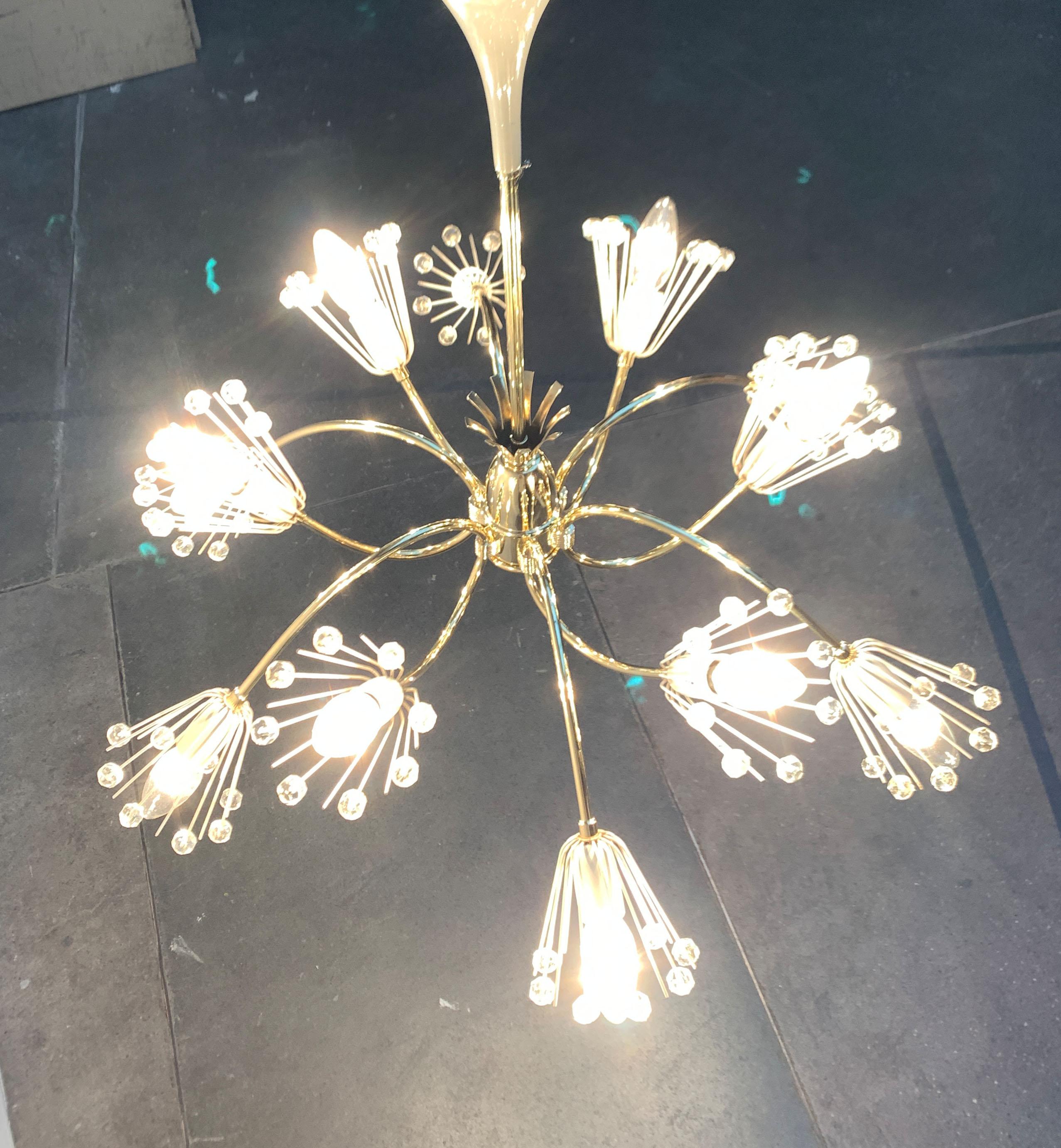 Rare ceiling chandelier by rupert nikoll after a design by emil stejnar.

an imposing design whose forms and details are inspired by the plant world. Curved brass arms are arranged radially around a central core. Each arm forms a loop, the ends of